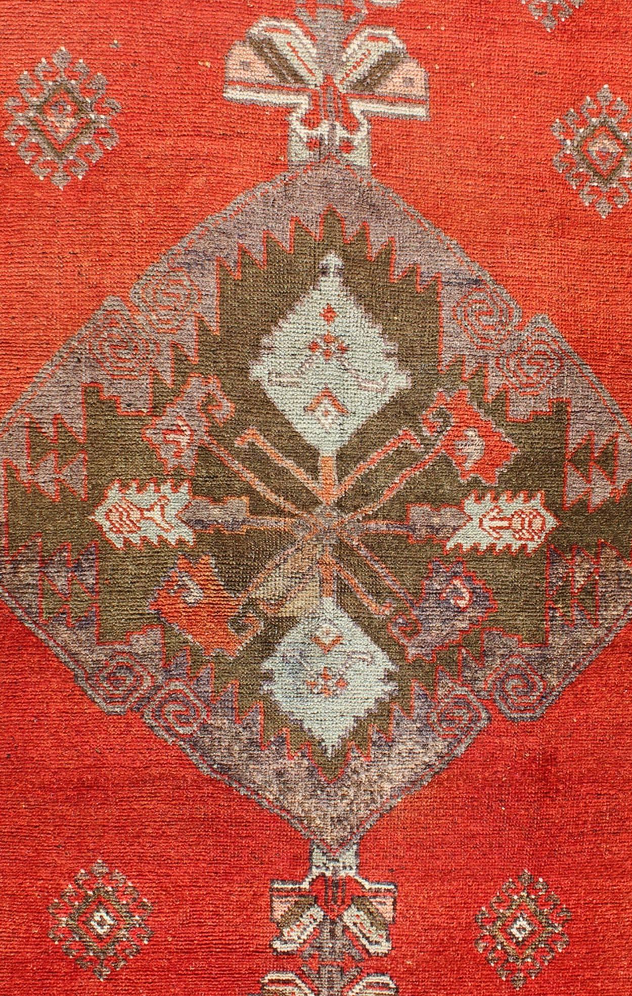 Wool Red and Brown Vintage Turkish Oushak Runner with Three Medallion Design For Sale