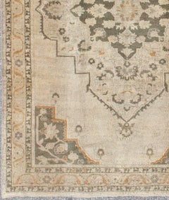 Vintage Turkish  Oushak Rug with Medallion Design in Neutrals & Gray Green