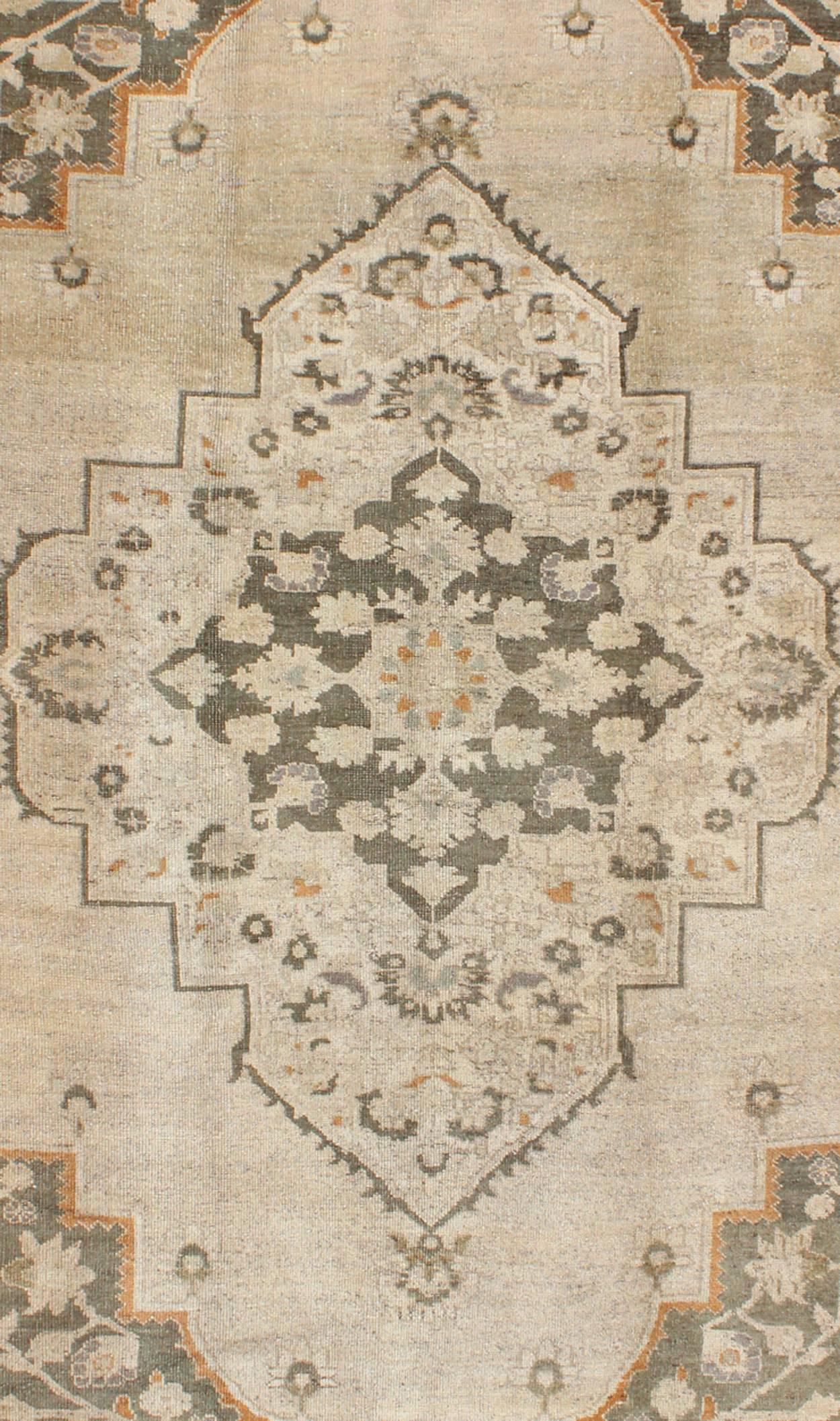 Hand-Knotted Vintage Turkish  Oushak Rug with Medallion Design in Neutrals & Gray Green For Sale