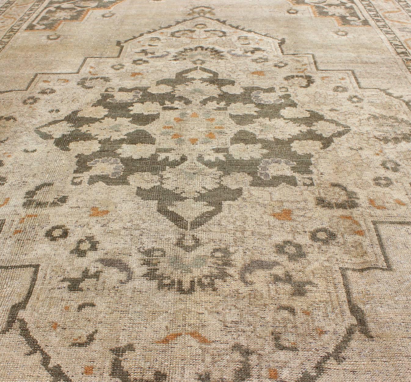 Wool Vintage Turkish  Oushak Rug with Medallion Design in Neutrals & Gray Green For Sale