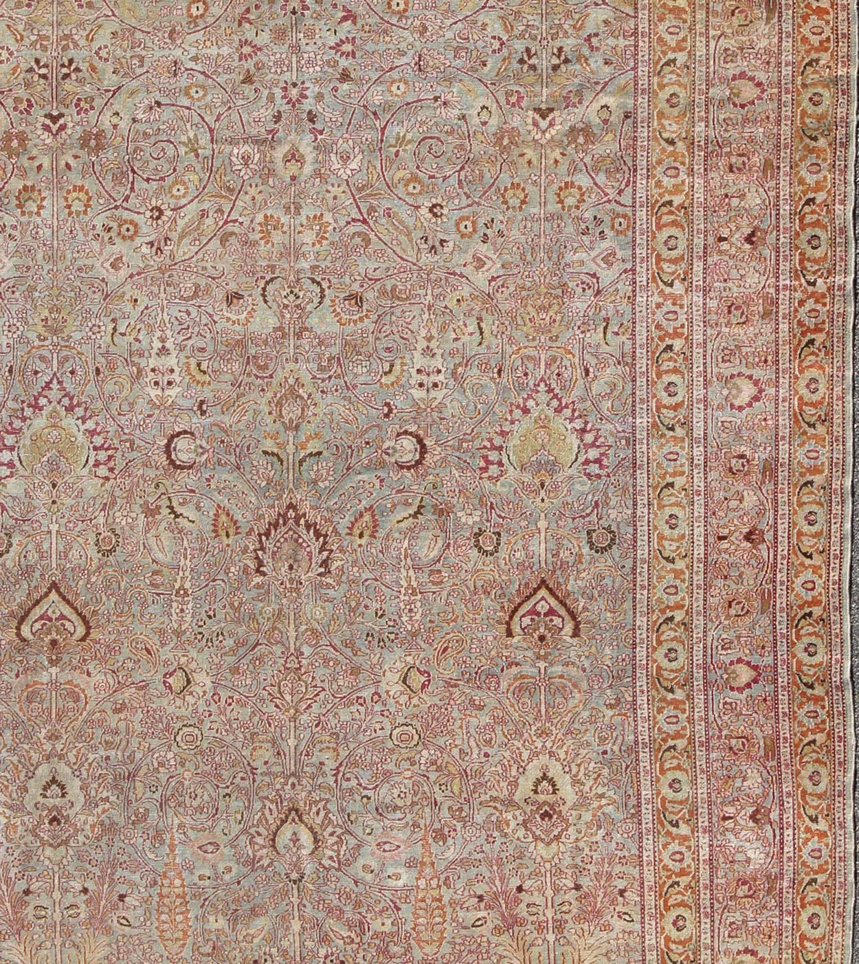 Antique Persian Khorassan Rug with All-Over Floral Design in Orange, Red, Pink In Good Condition For Sale In Atlanta, GA