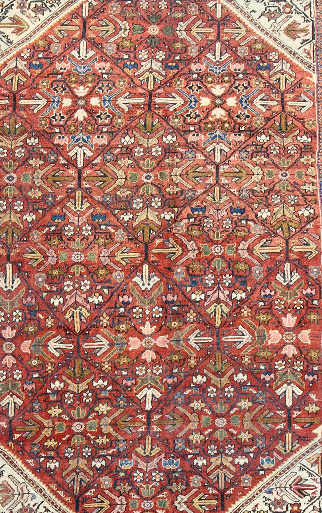 Antique Persian Sultanabad Rug in Terracotta Red Background and Green Border In Good Condition For Sale In Atlanta, GA
