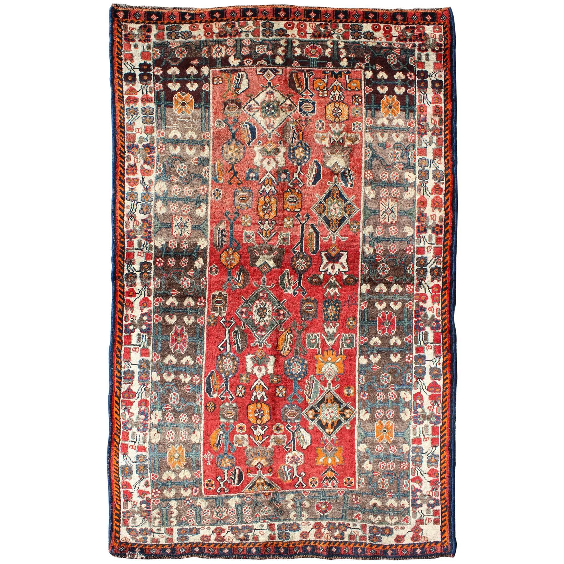 Red Background Shiraz Persian Rug with Sub-Geometric Motifs Throughout