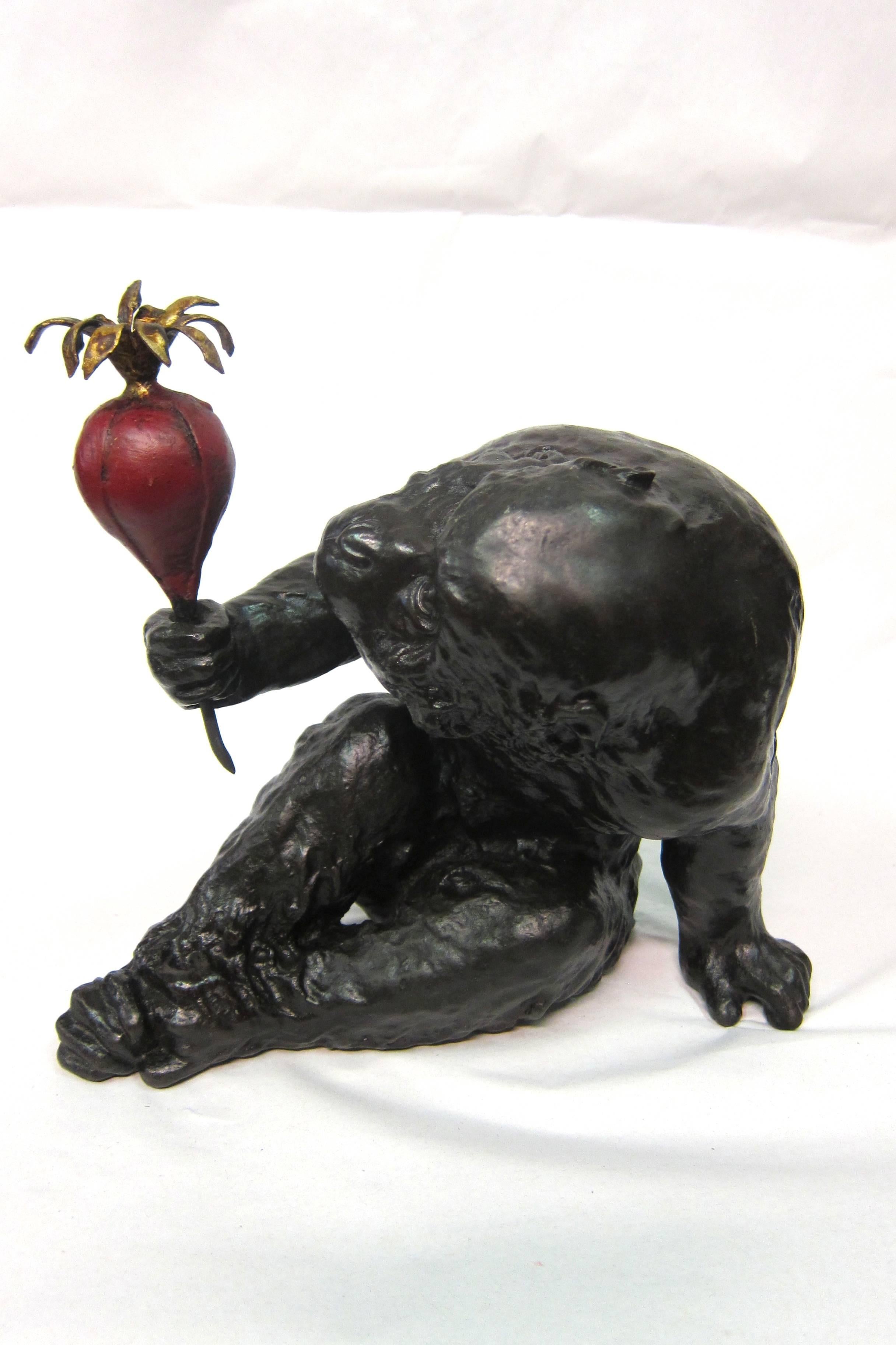 Bronze Japanese Ape with Turnip In Excellent Condition For Sale In Bronx, NY