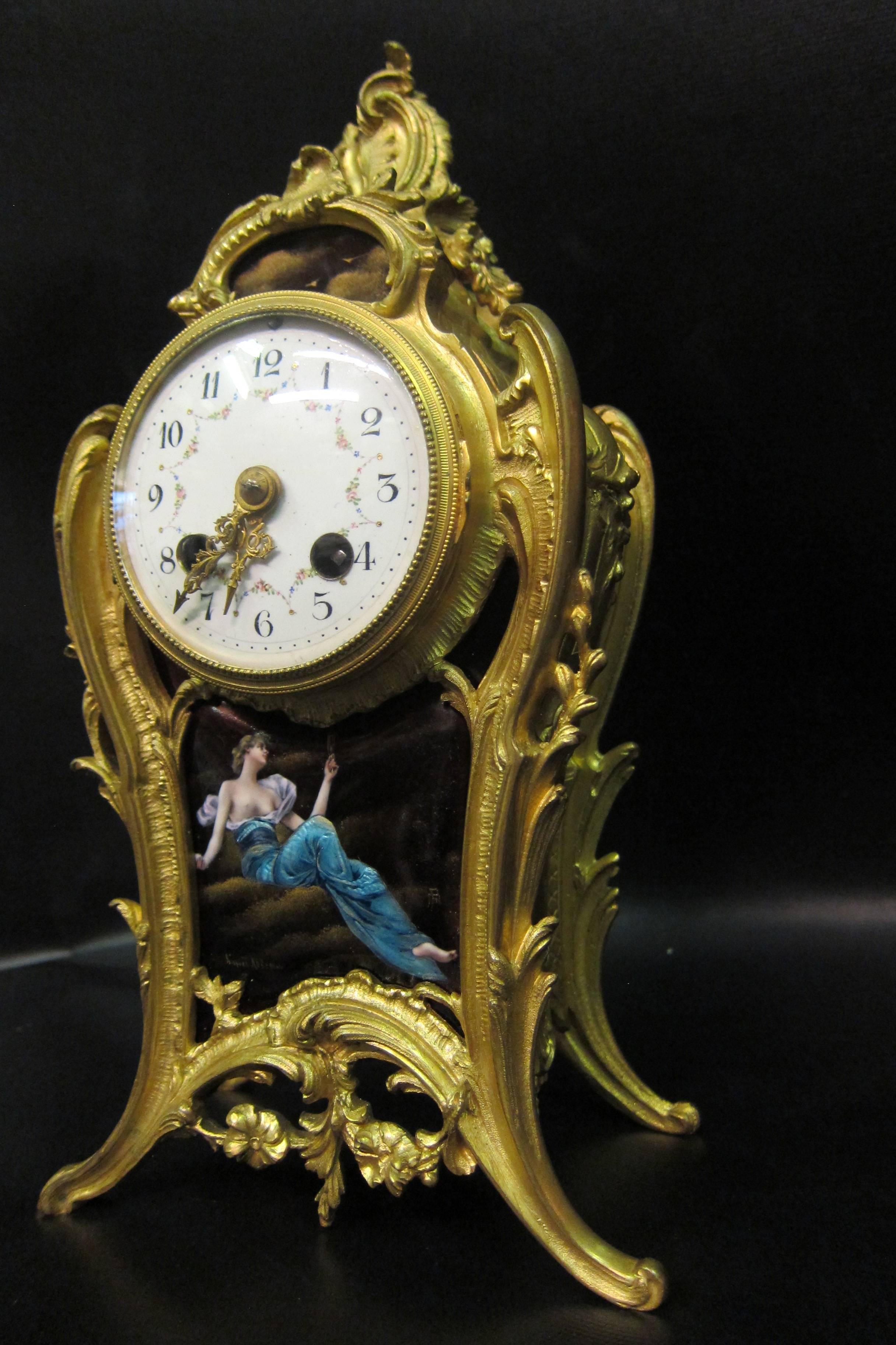 Gilt French Enamel and Bronze Clock For Sale