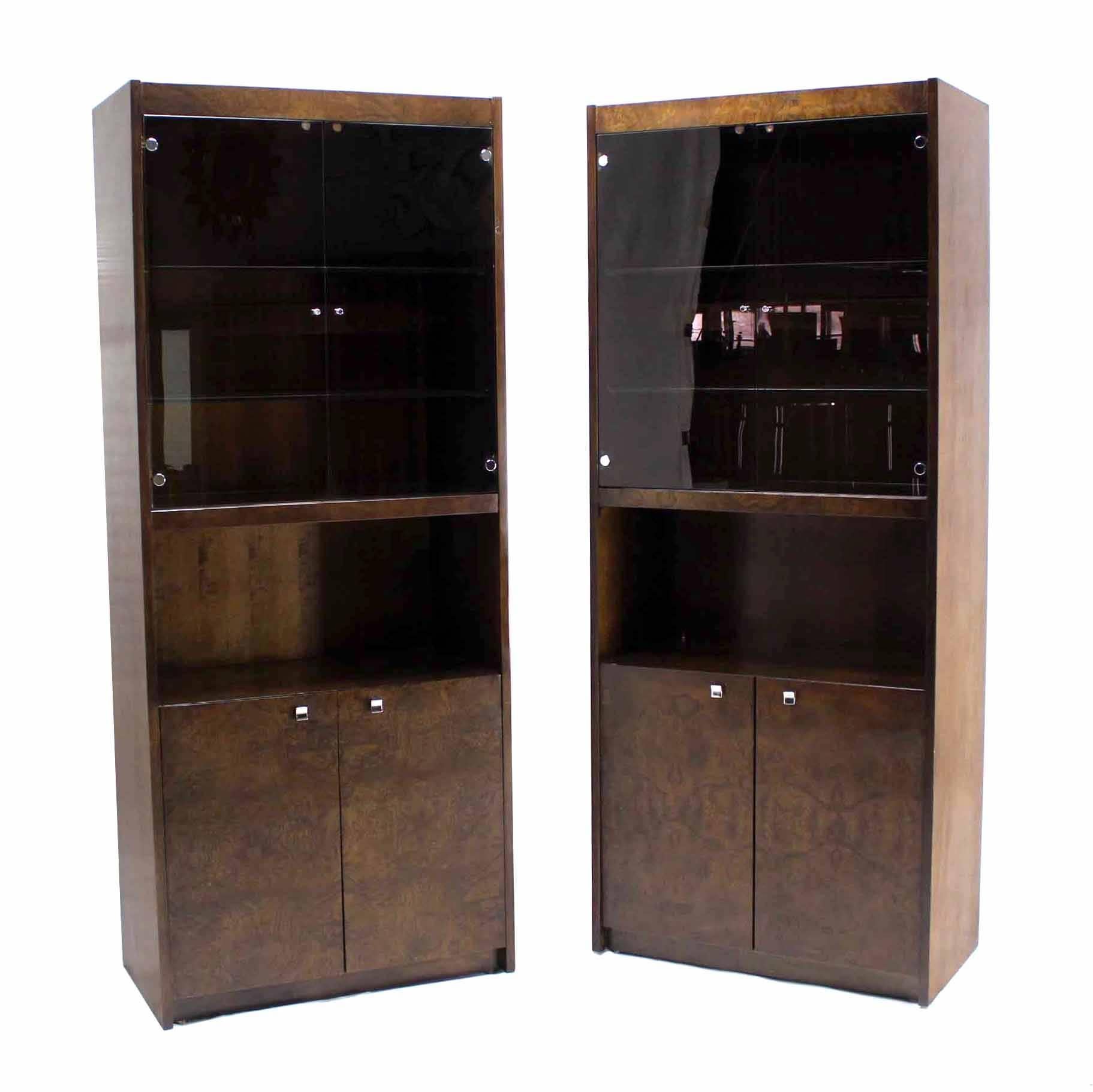Pair of Burl Walnut Wall Unit Pieces w/ Interior Lights  For Sale