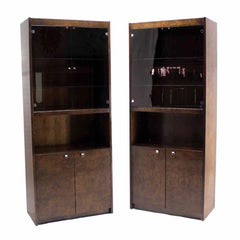 Retro Pair of Burl Walnut Wall Unit Pieces w/ Interior Lights 