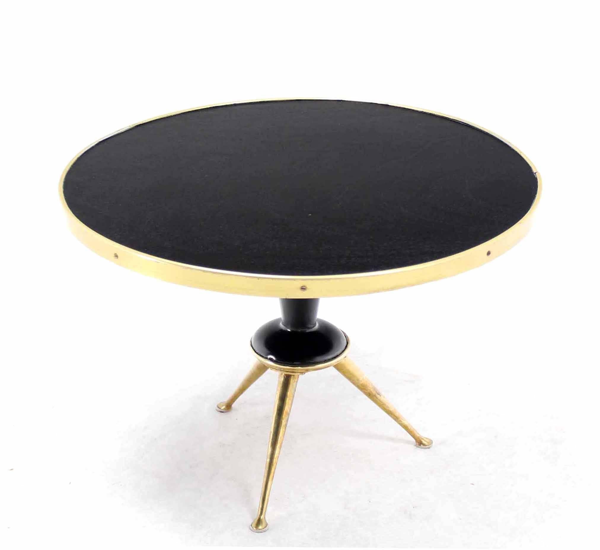 Nice Italian round side coffee table or stand on brass trip leg tripod base. Nice turned wood base element.