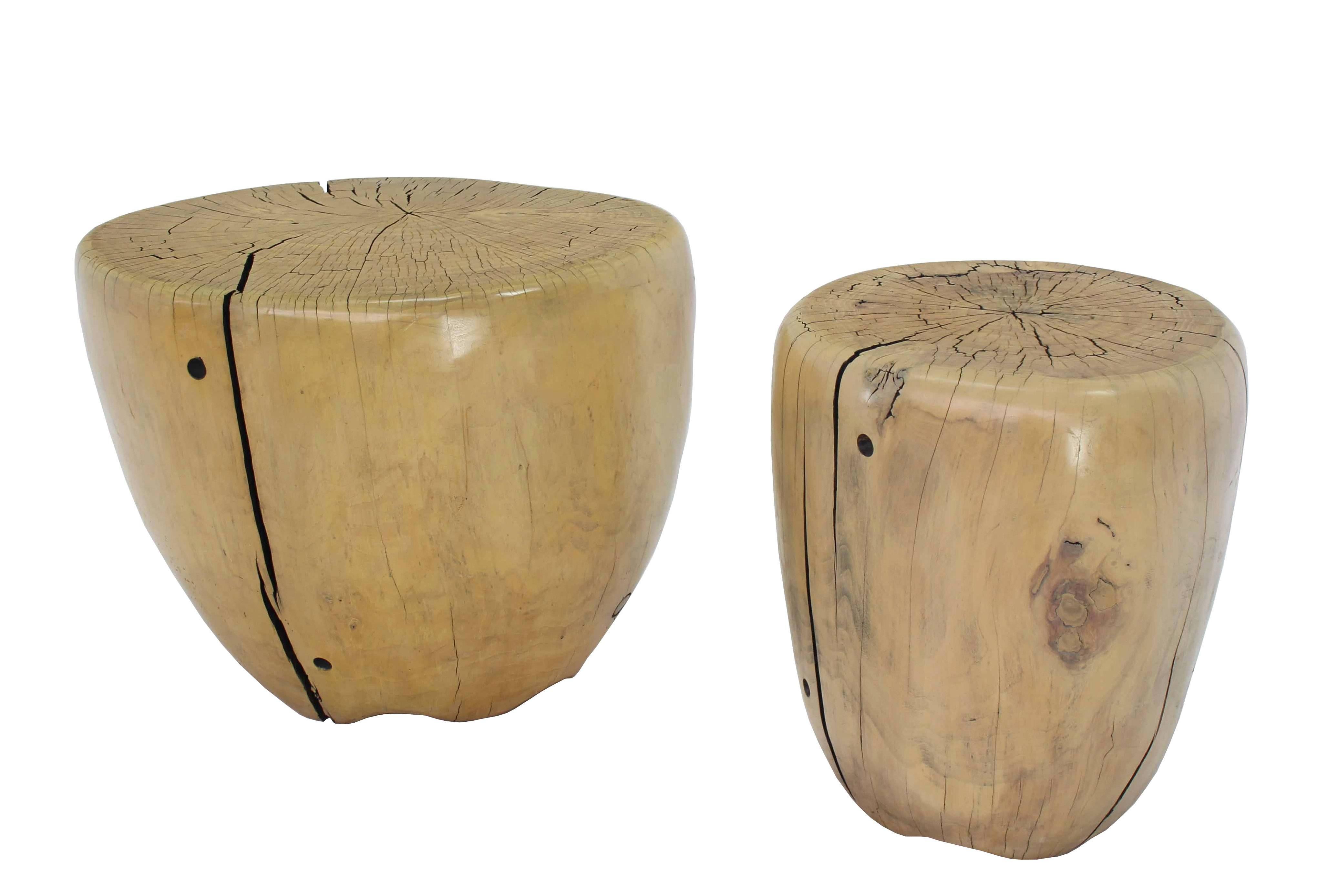 Pair of nice petrofied wood logs end or side tables short pedestals, 19 x 19 x 21 second pedestal.
