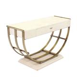 Mesa consola con base en forma de U de latón y acabado en roble blanco decapado