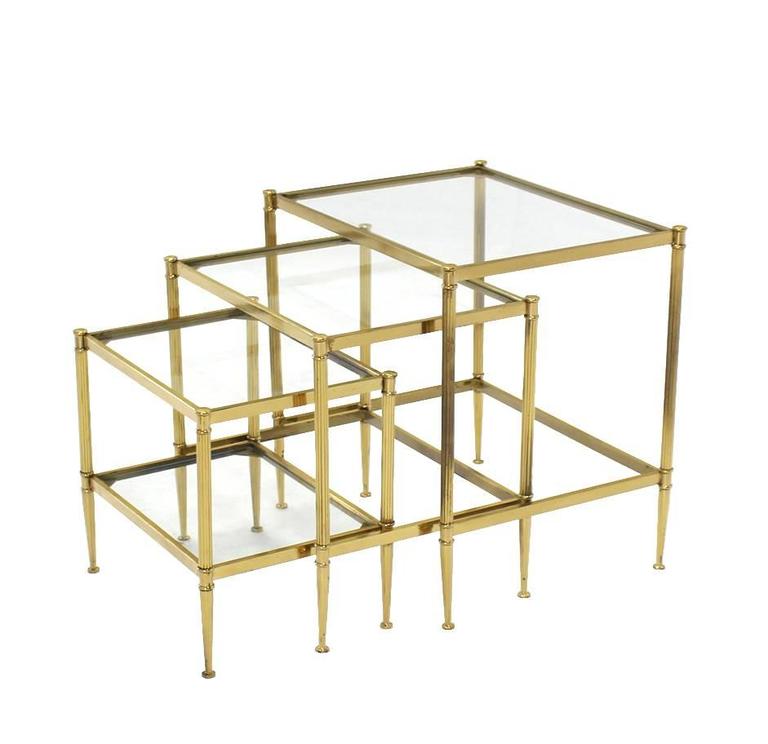 Set of Three MidCentury Modern Brass Nesting End Tables For Sale at