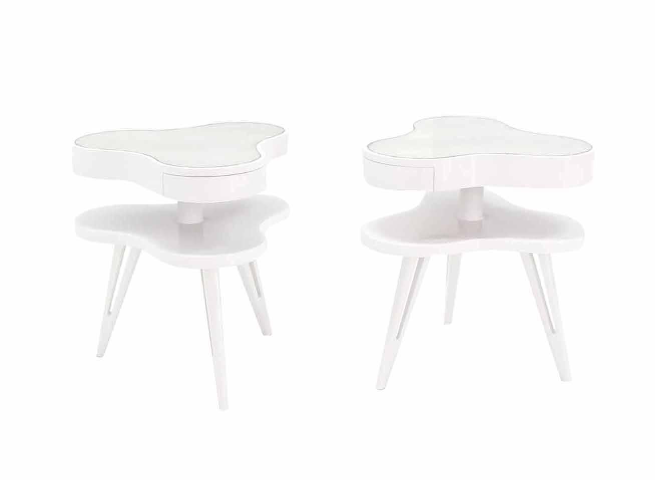 American Pair of White Lacquer Pierced Legs Organic Shape End Tables For Sale