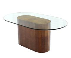 Large Burl Wood Base Thick Glass Top Oval Dining Table