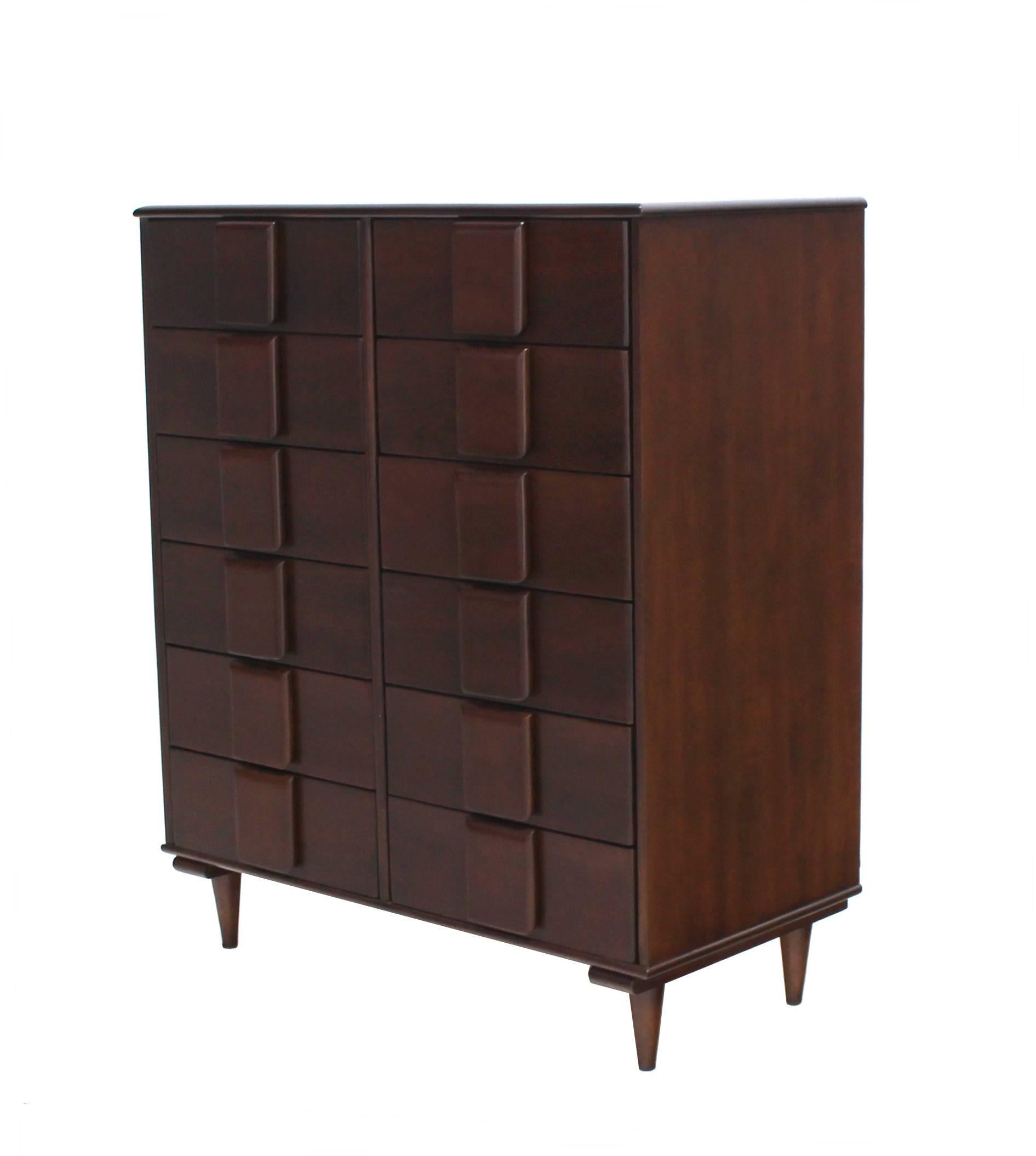 Very nice Mid-Century Modern solid maple high chest with two rows of drawers. Refinished.