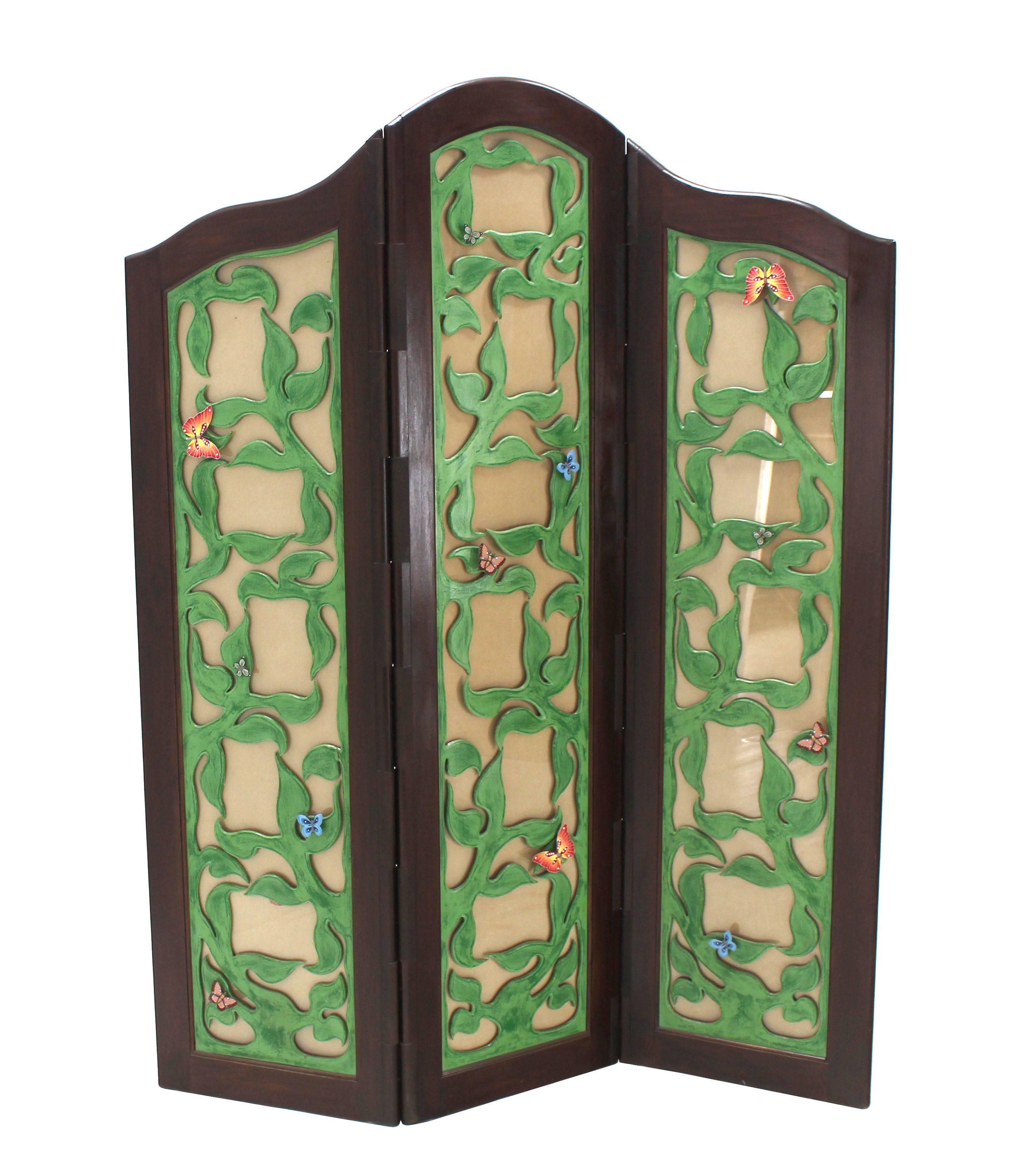 Decorative vintage Mid-Century Modern tufted diamond patern upholstery side and carved  3 three panel screen room divider.
