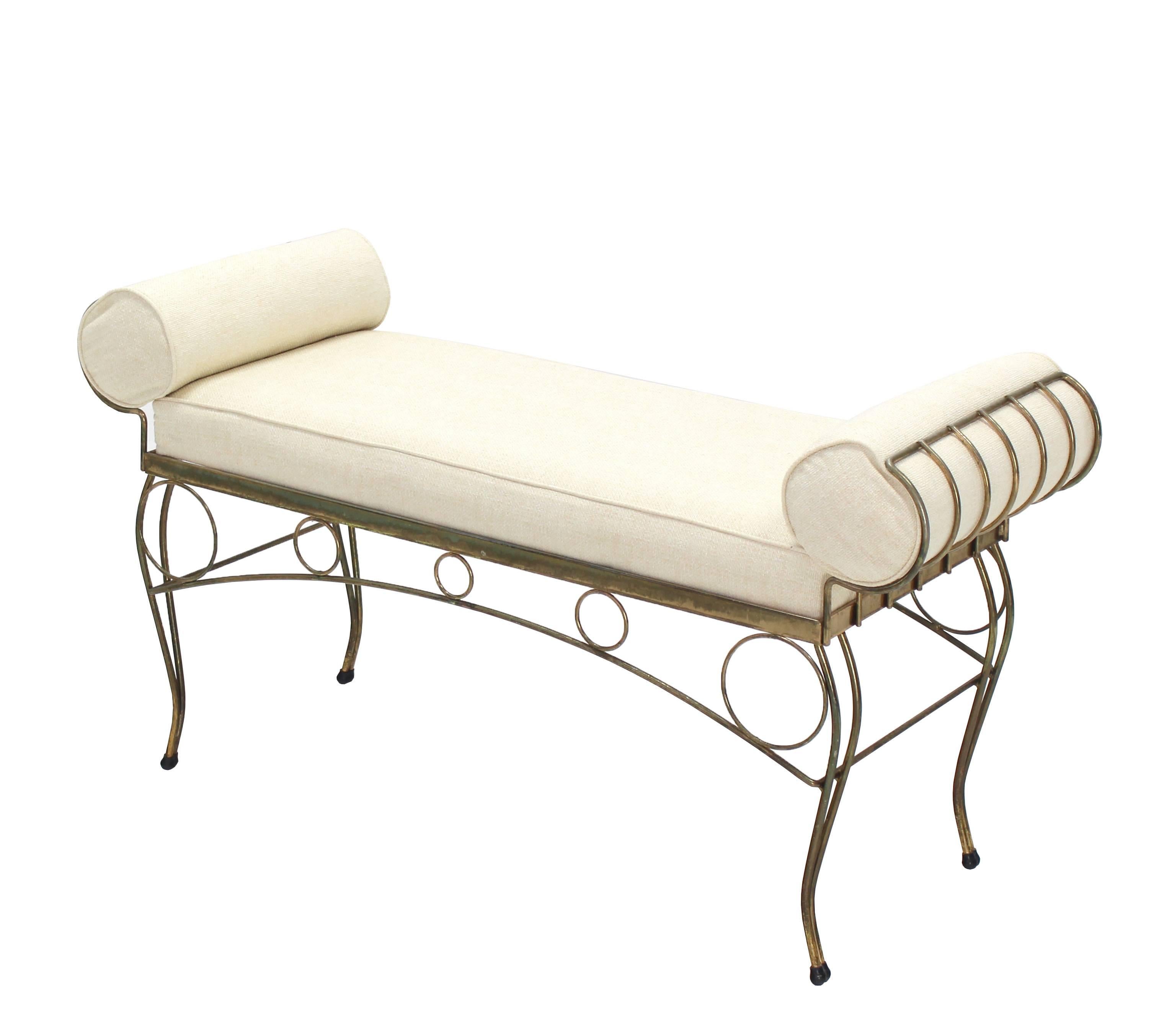 Mid-Century modern Hollywood Regency style gold gilt wire bench with new upholstery.