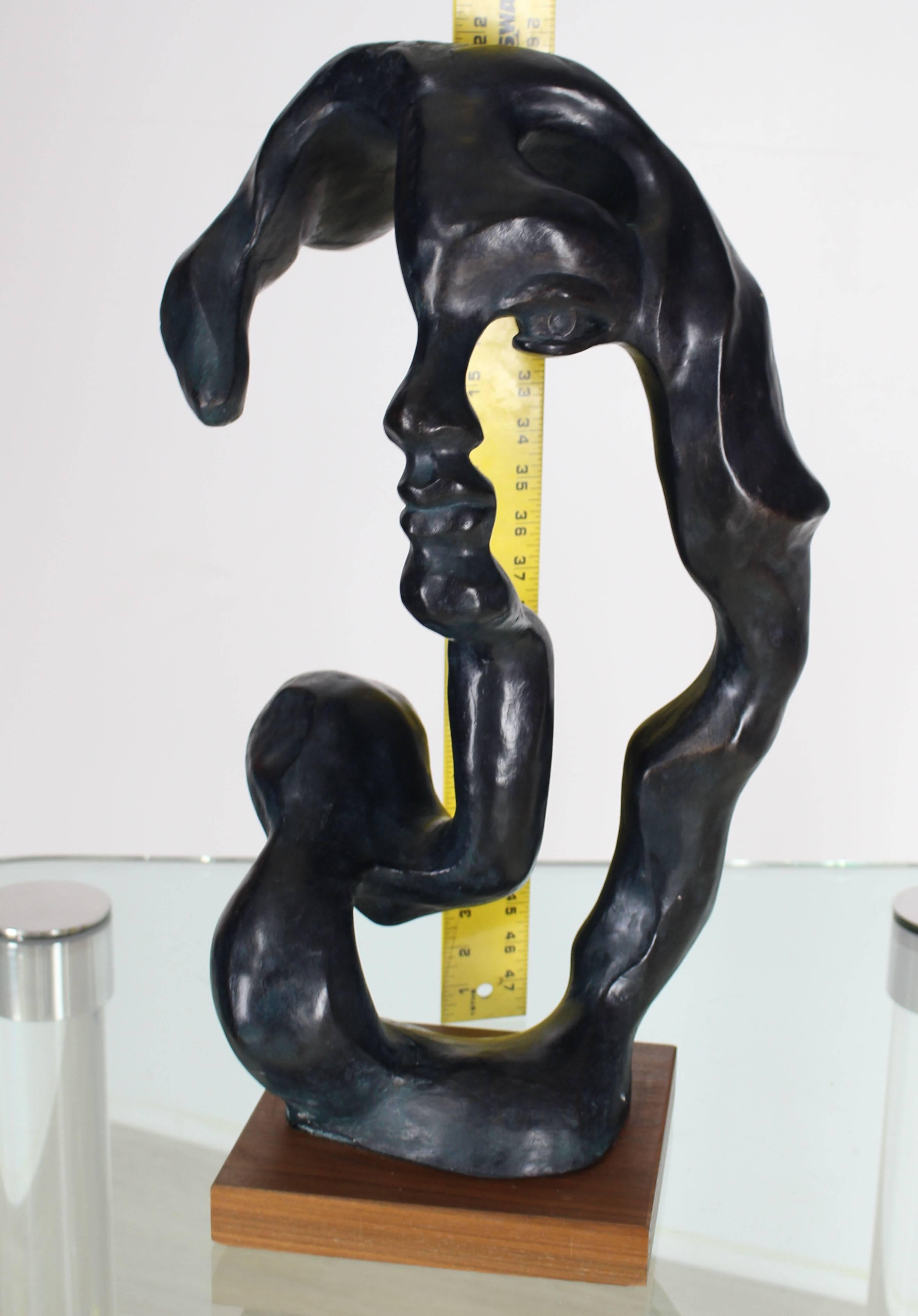 Large Black Face Body Abstract Sculpture on Walnut Base In Good Condition In Rockaway, NJ