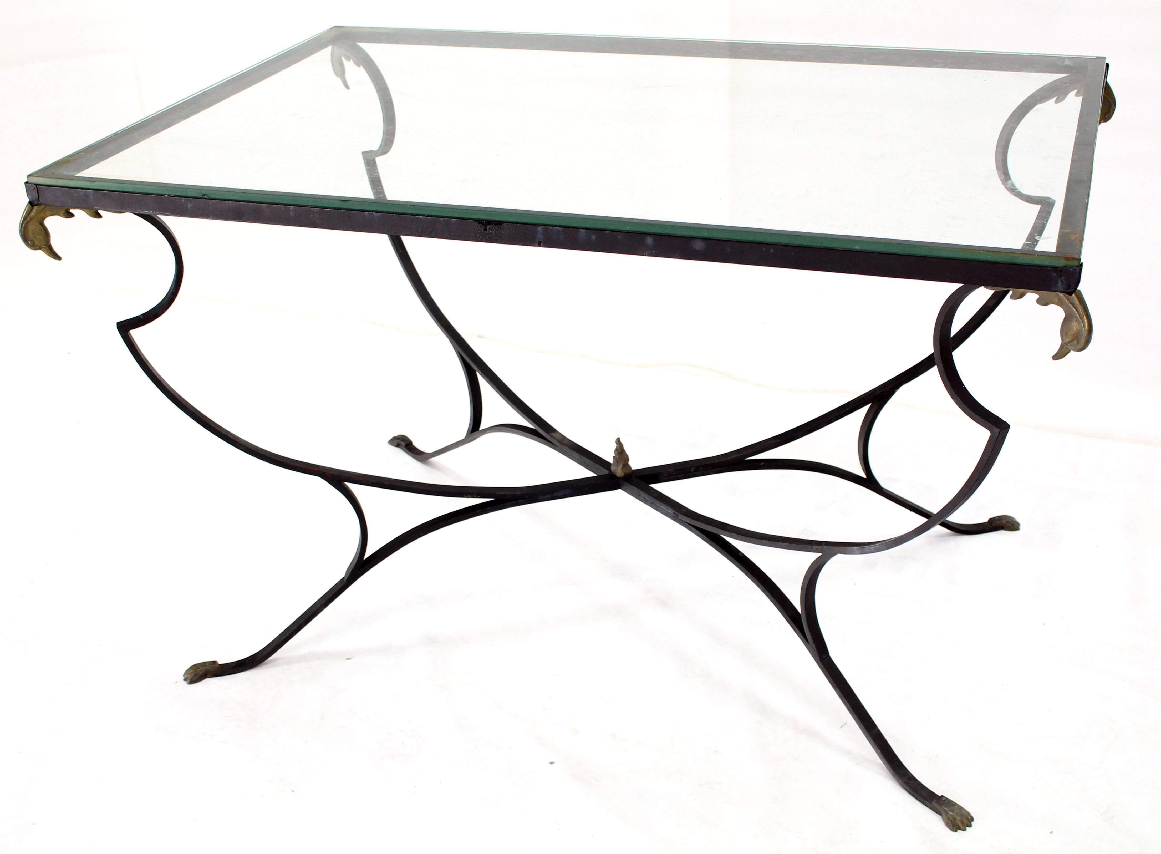 Blackened Figural Wrought Iron Brass Bird Tips Glass Top Outdoors Dining Table For Sale