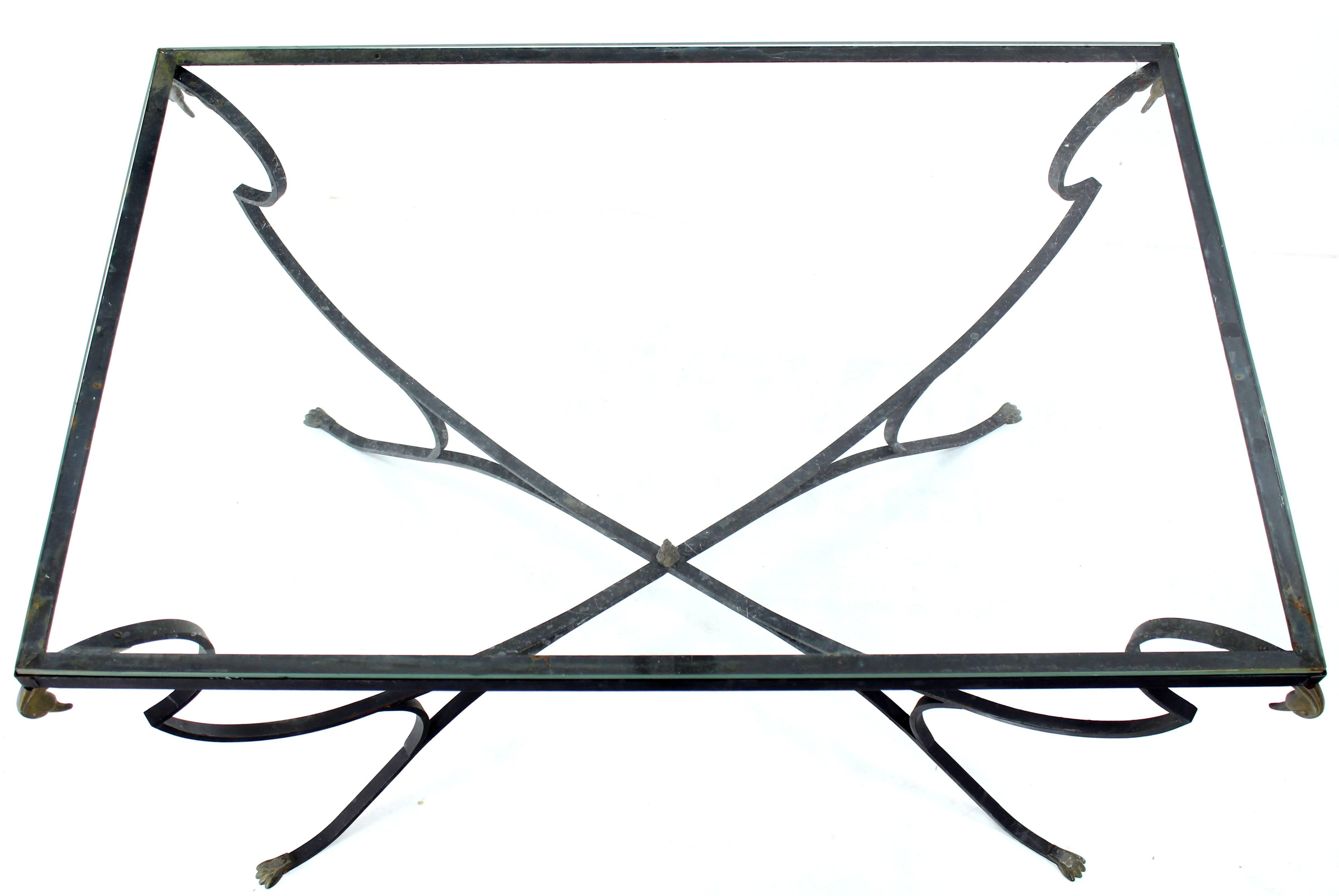 Figural Wrought Iron Brass Bird Tips Glass Top Outdoors Dining Table In Good Condition For Sale In Rockaway, NJ