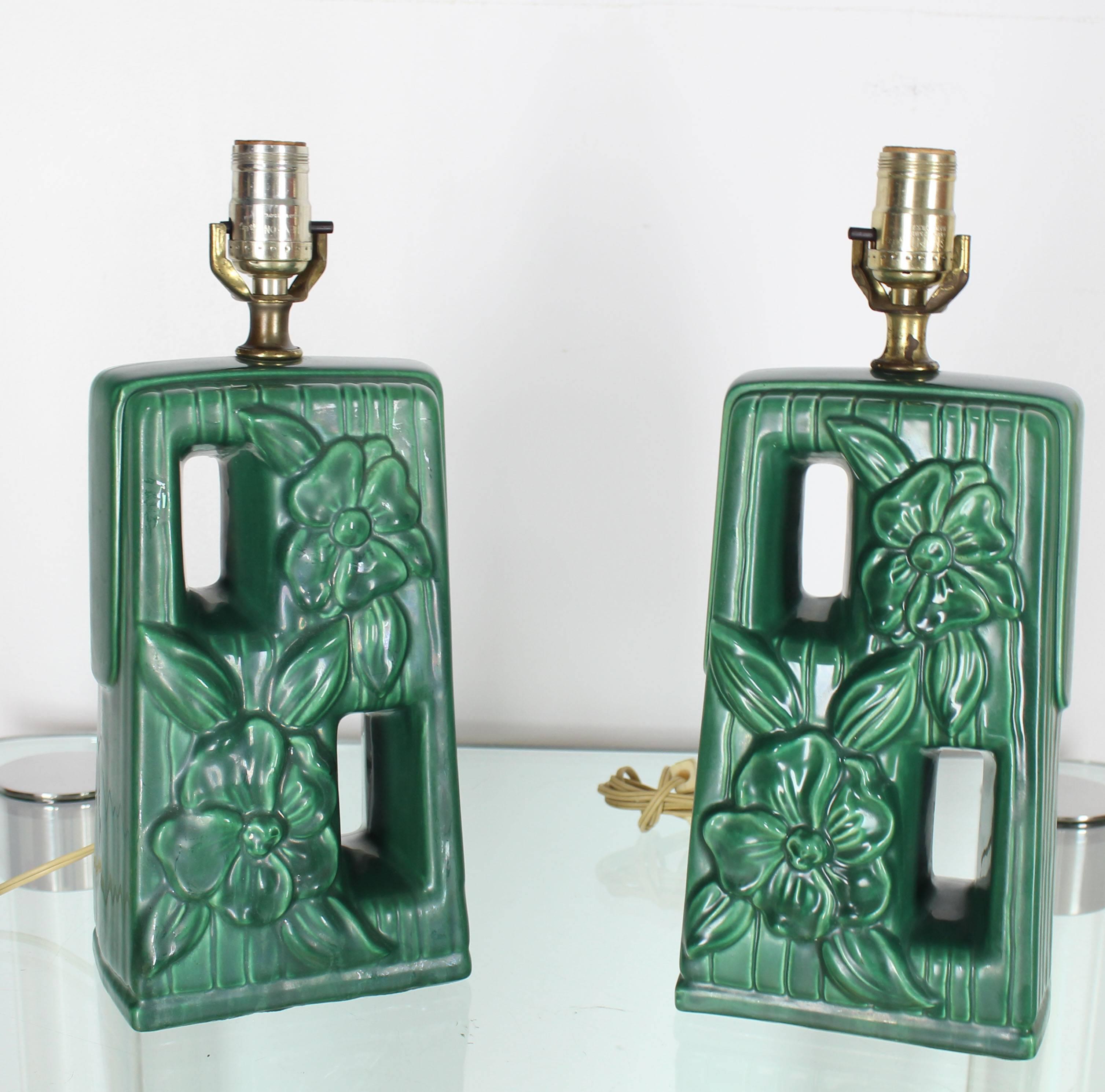 Mid-Century Modern Pair of Green Glazed Pottery Ceramic Table Lamps with Floral Motif