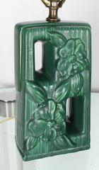 Pair of Green Glazed Pottery Ceramic Table Lamps with Floral Motif