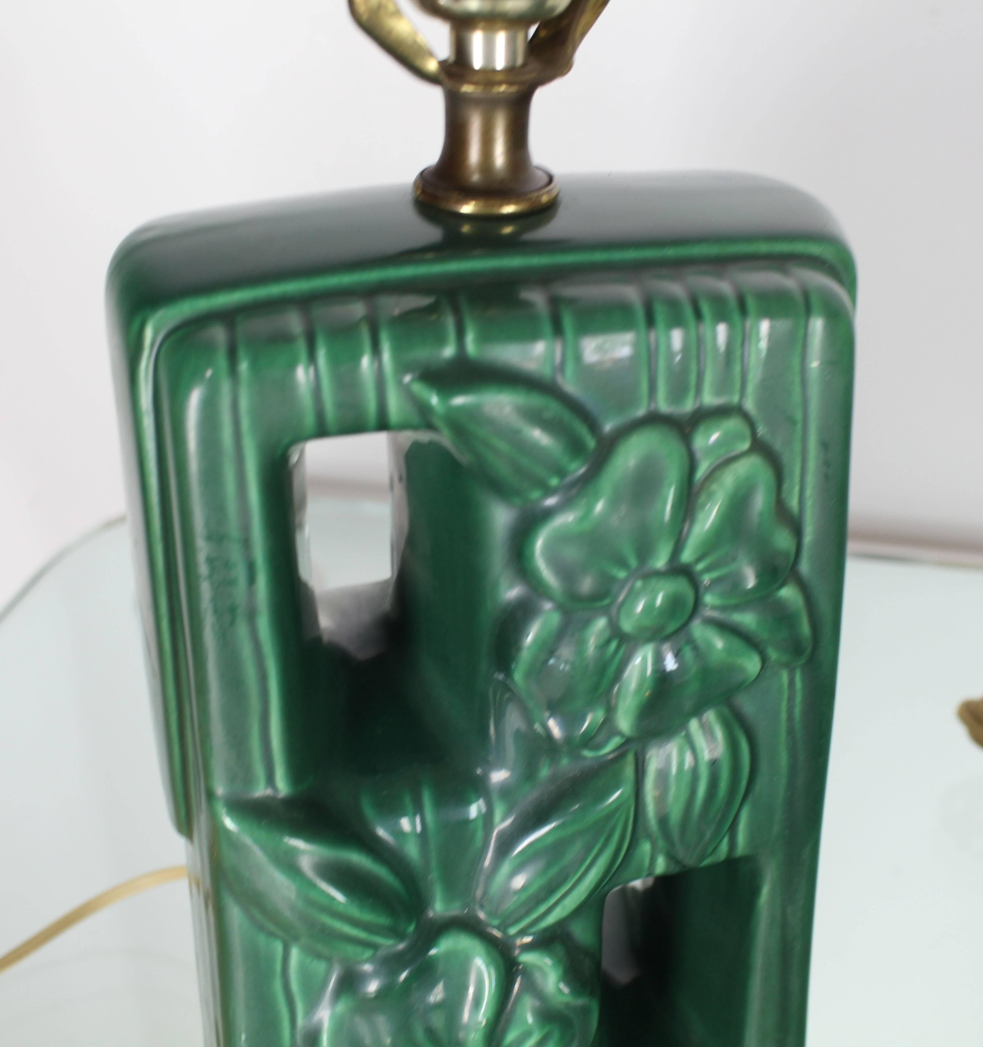 American Pair of Green Glazed Pottery Ceramic Table Lamps with Floral Motif