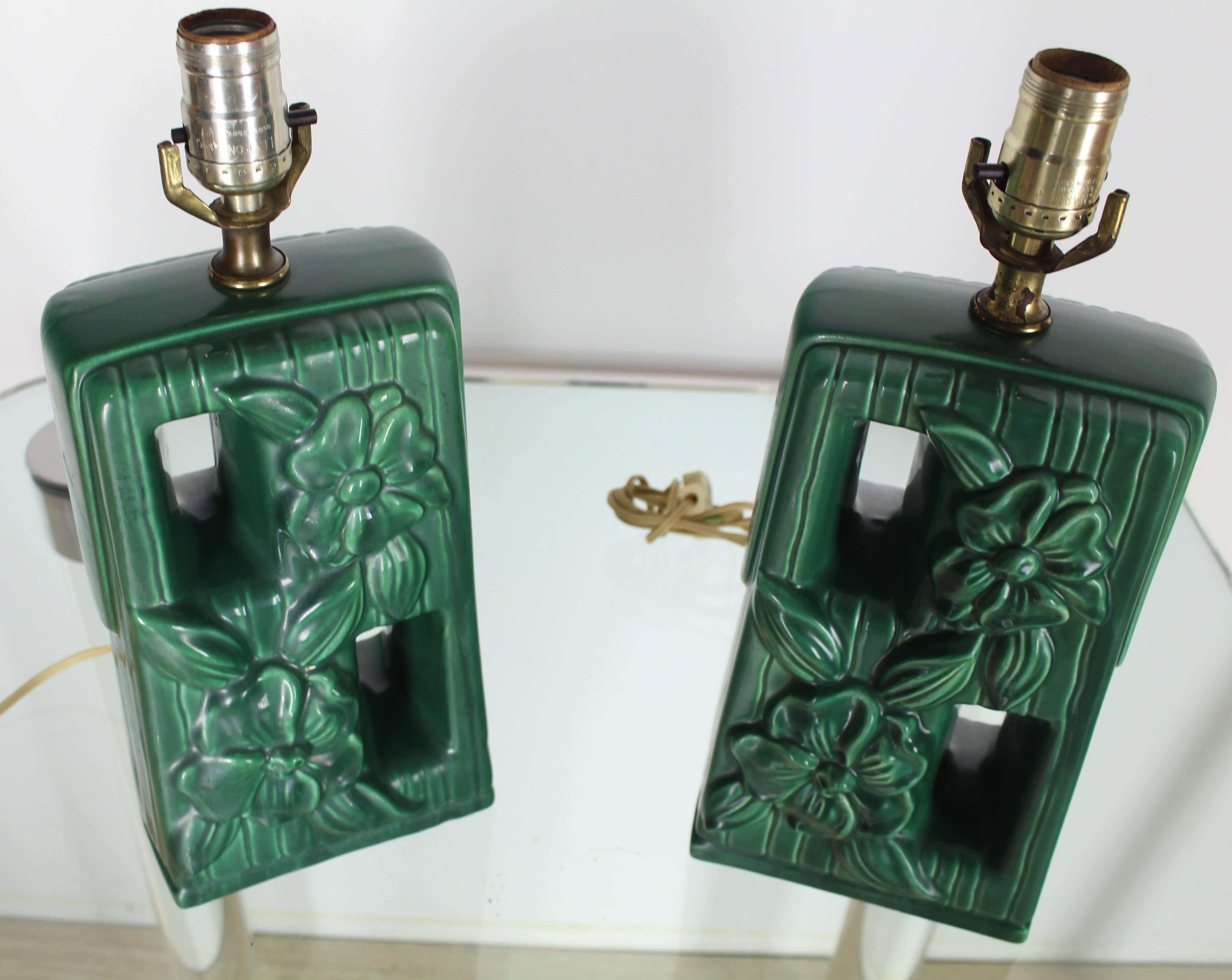 Pair of Green Glazed Pottery Ceramic Table Lamps with Floral Motif In Excellent Condition In Rockaway, NJ