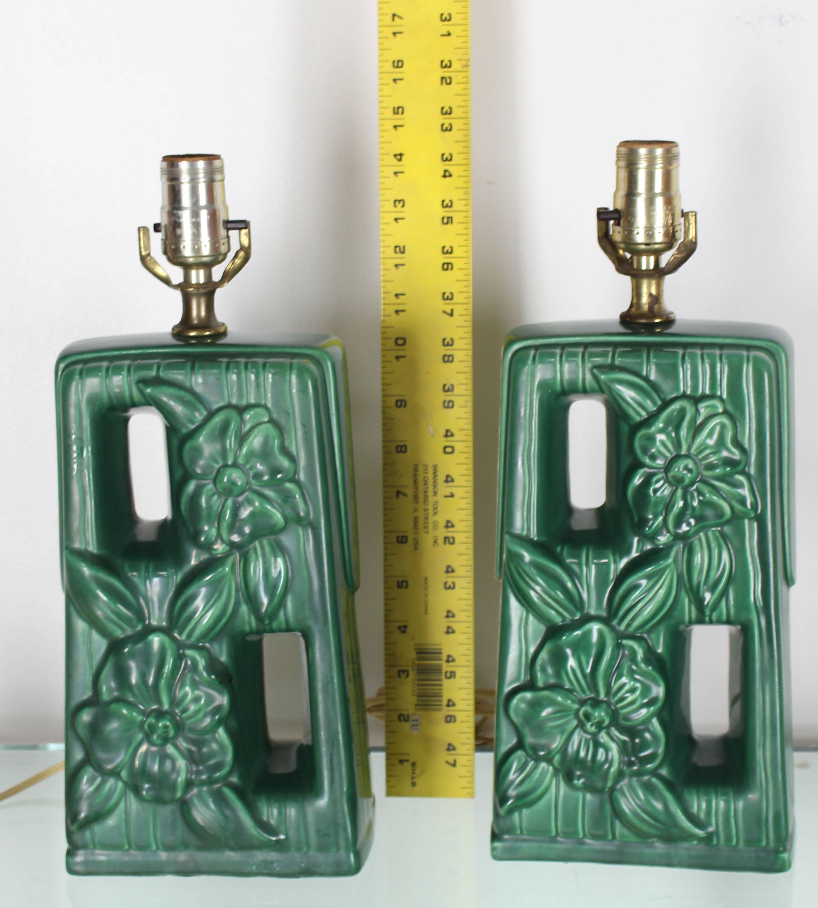 Fired Pair of Green Glazed Pottery Ceramic Table Lamps with Floral Motif