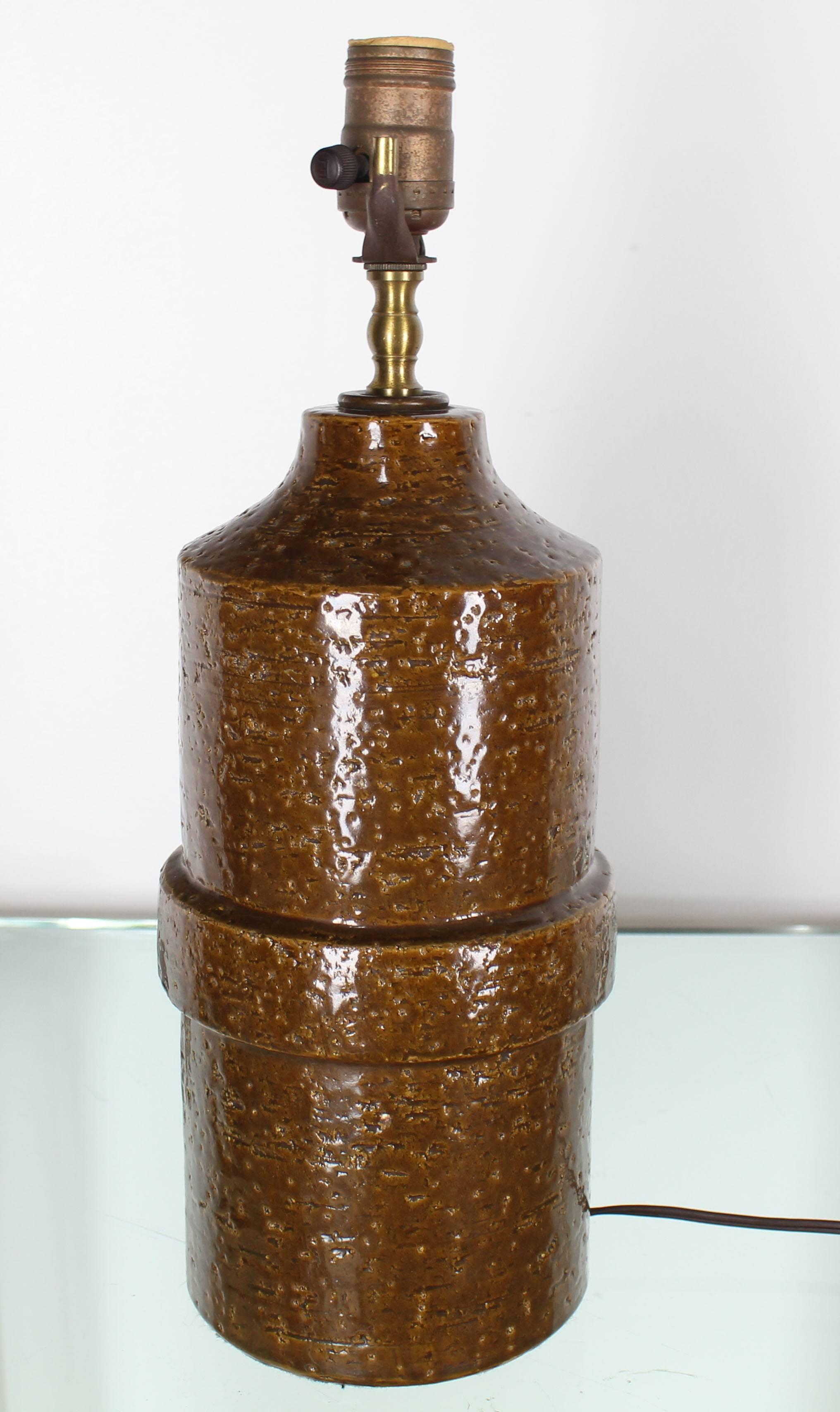 Quality Mid-Century Modern glazed chocolate brown rust color table lamp.