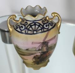 Nippon Hand-Painted Porcelain Vases and Bowl Three Pieces Porcelain Group