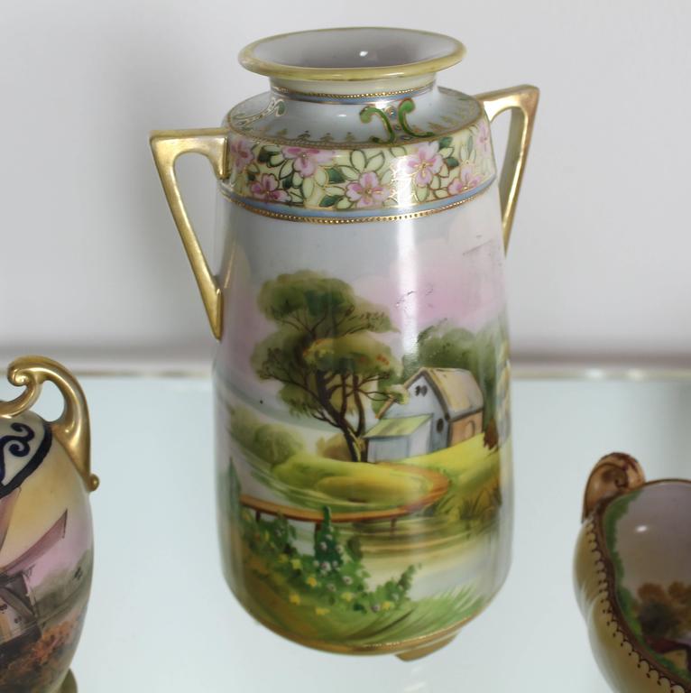 Nippon HandPainted Porcelain Vases and Bowl Three Pieces Porcelain Group For Sale at 1stDibs