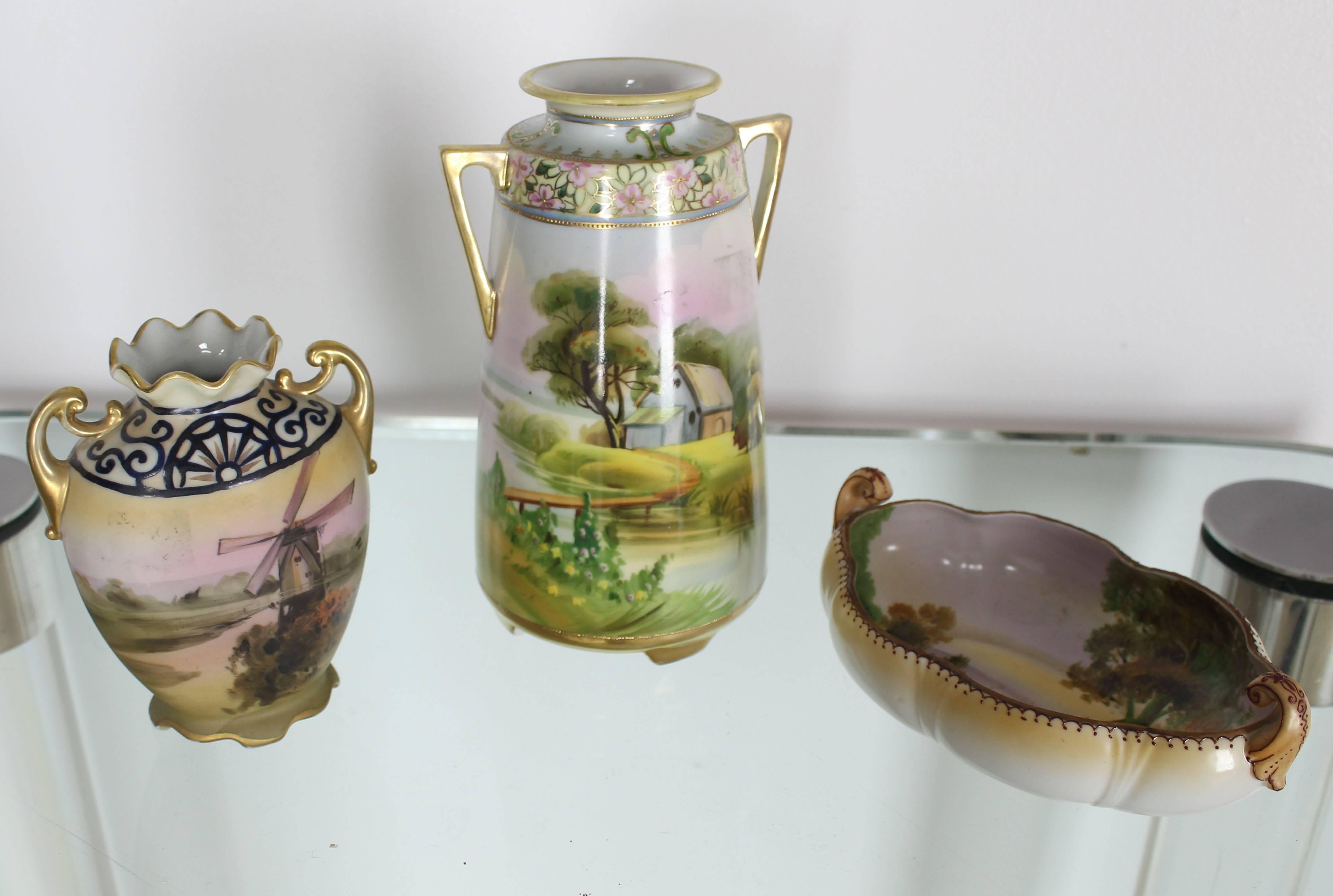 Nippon Hand-Painted Porcelain Vases and Bowl Three Pieces Porcelain Group
