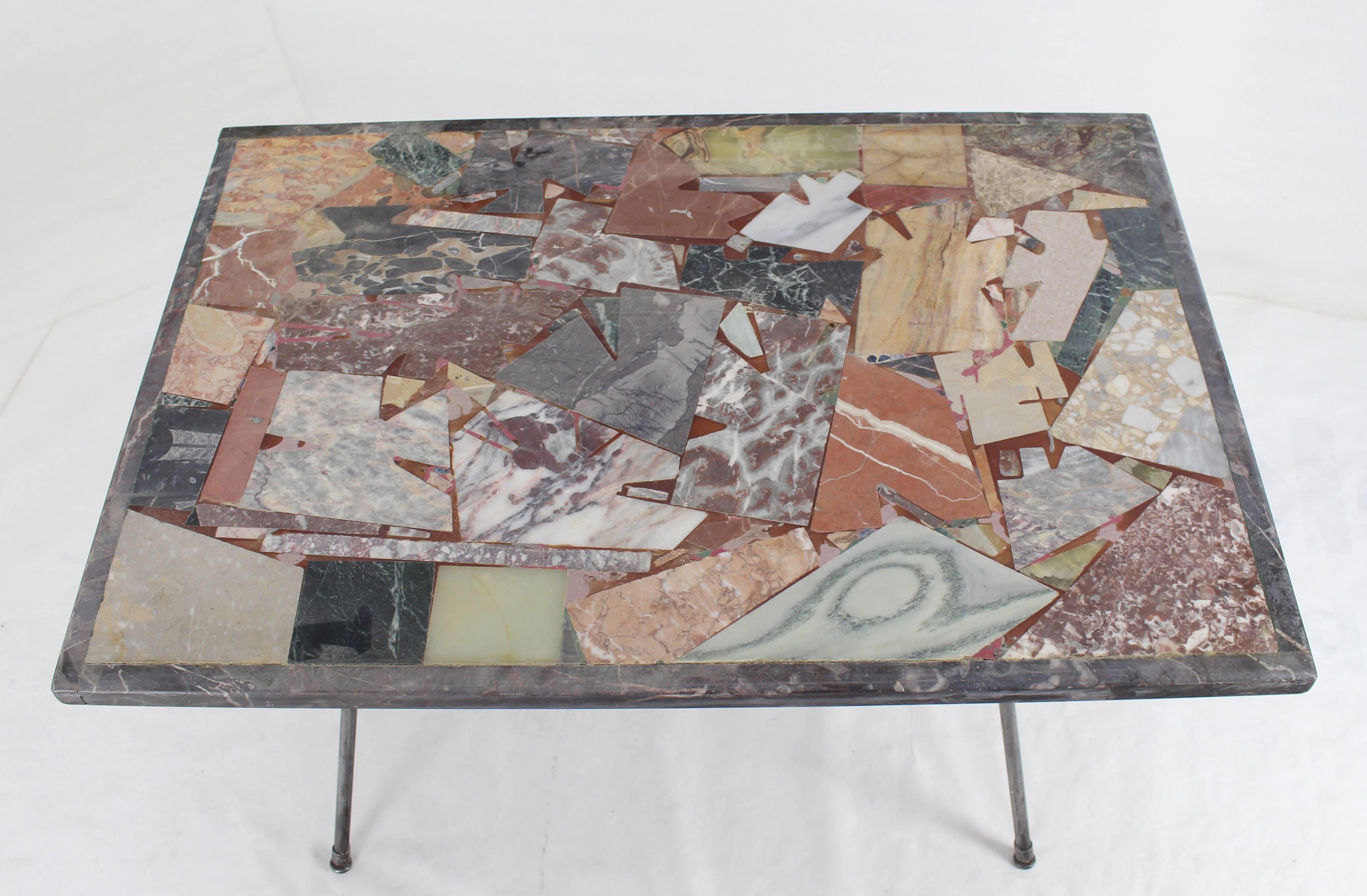 Mid-Century Modern Multiple Stone Slate Marble Inlay Mosaic Top Side Coffee Table