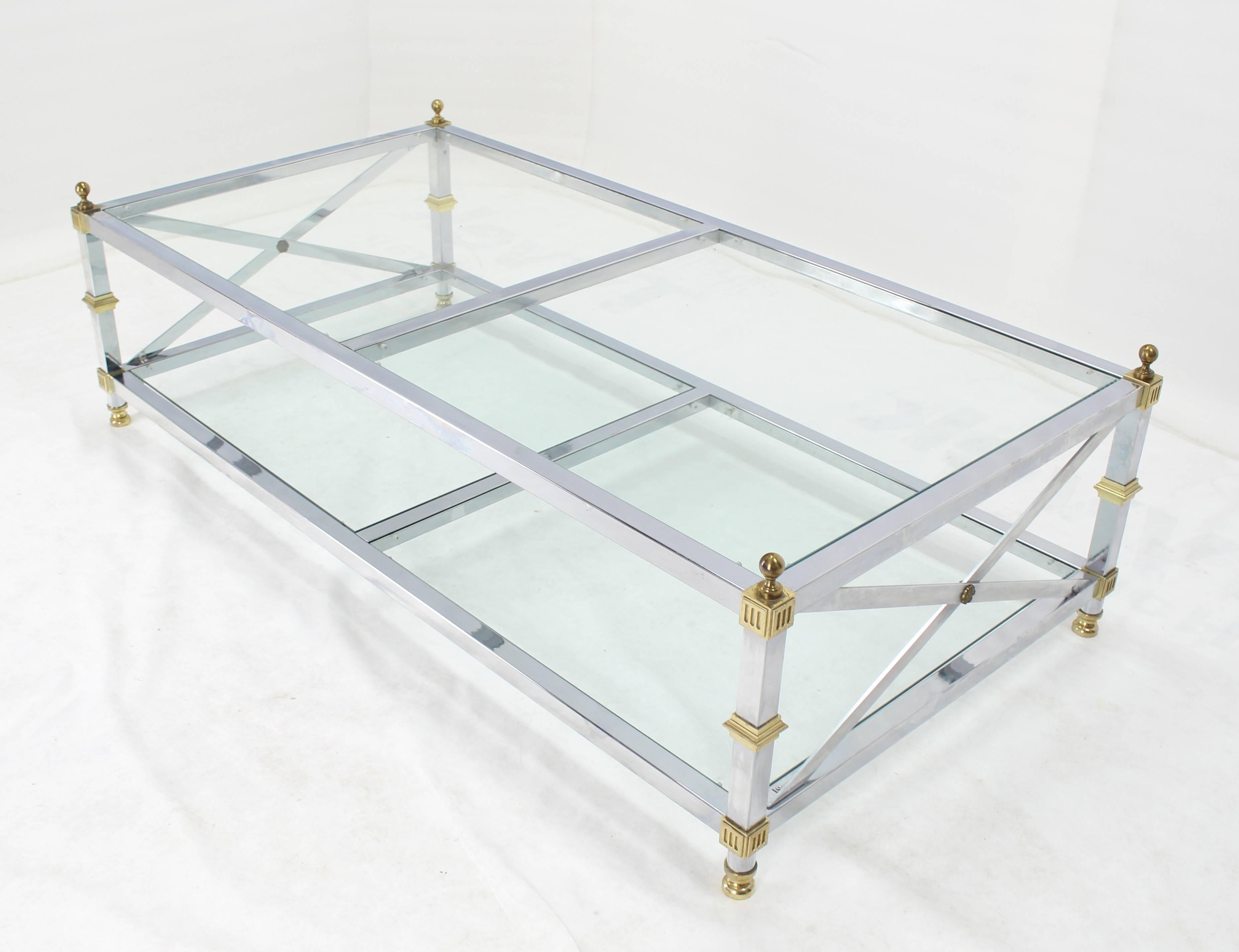 American Chrome Brass Glass Two-Tier Coffee Table with X-Stretchers For Sale