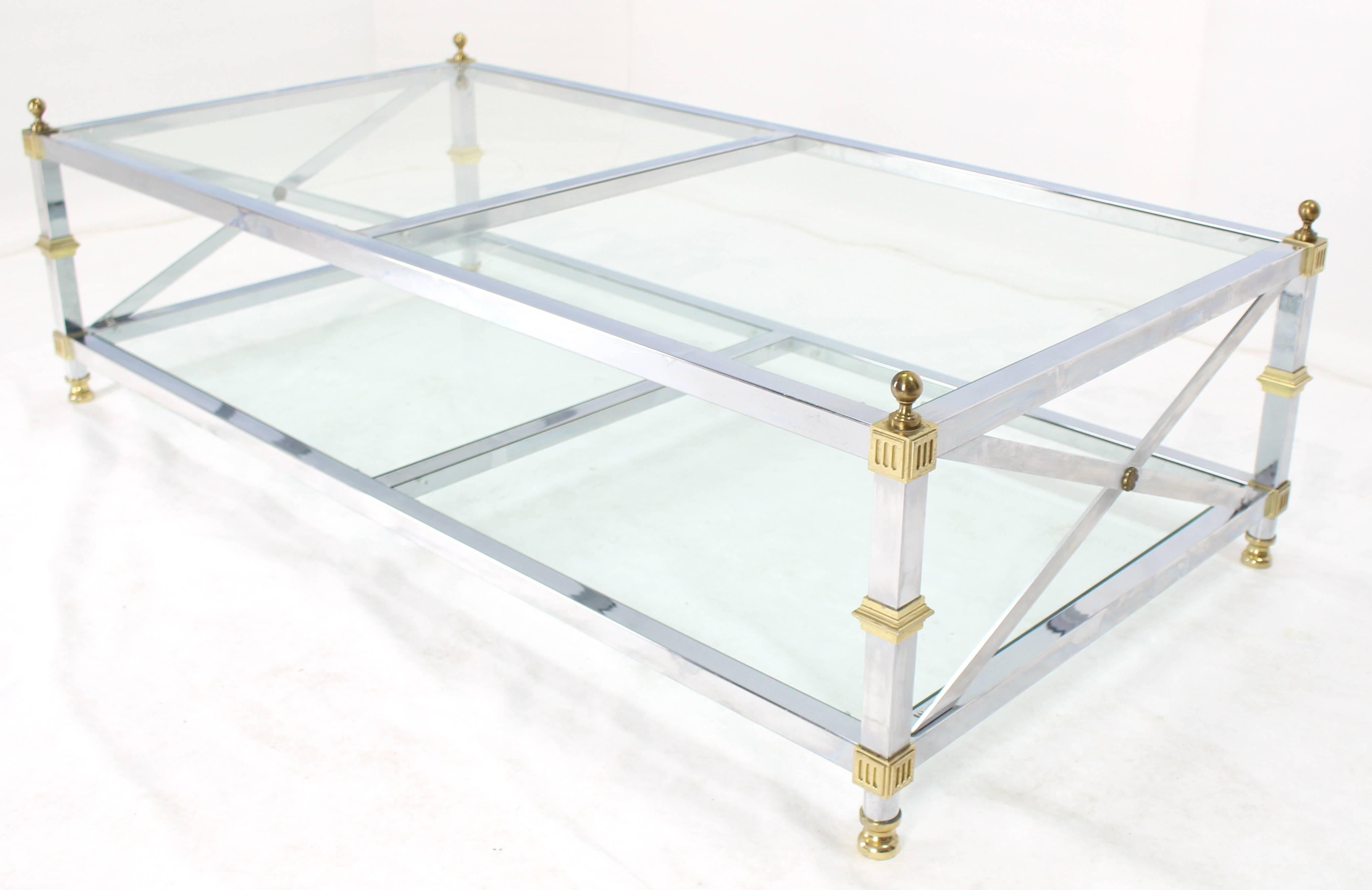 Chrome Brass Glass Two-Tier Coffee Table with X-Stretchers In Excellent Condition For Sale In Rockaway, NJ