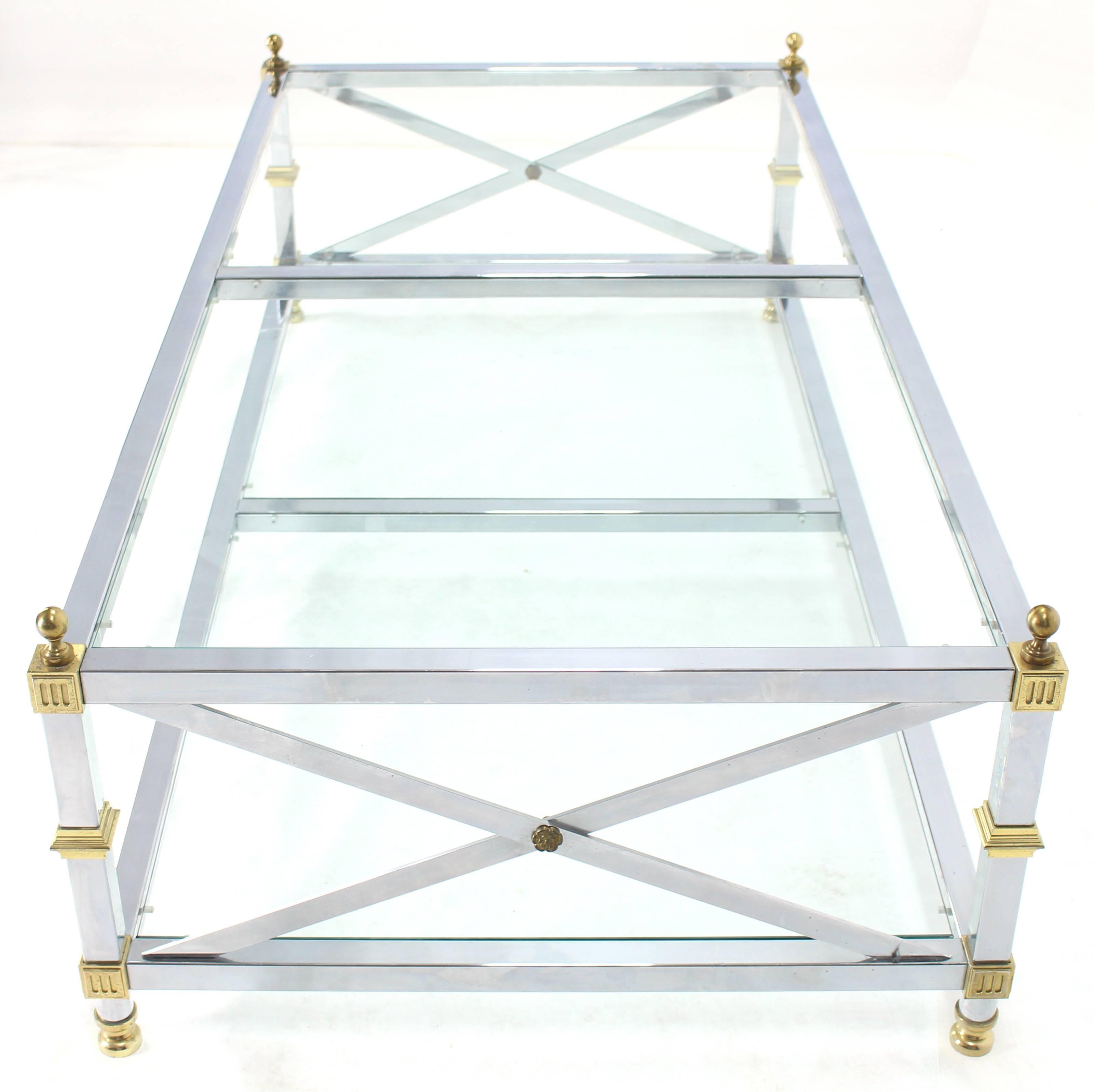 Polished Chrome Brass Glass Two-Tier Coffee Table with X-Stretchers For Sale