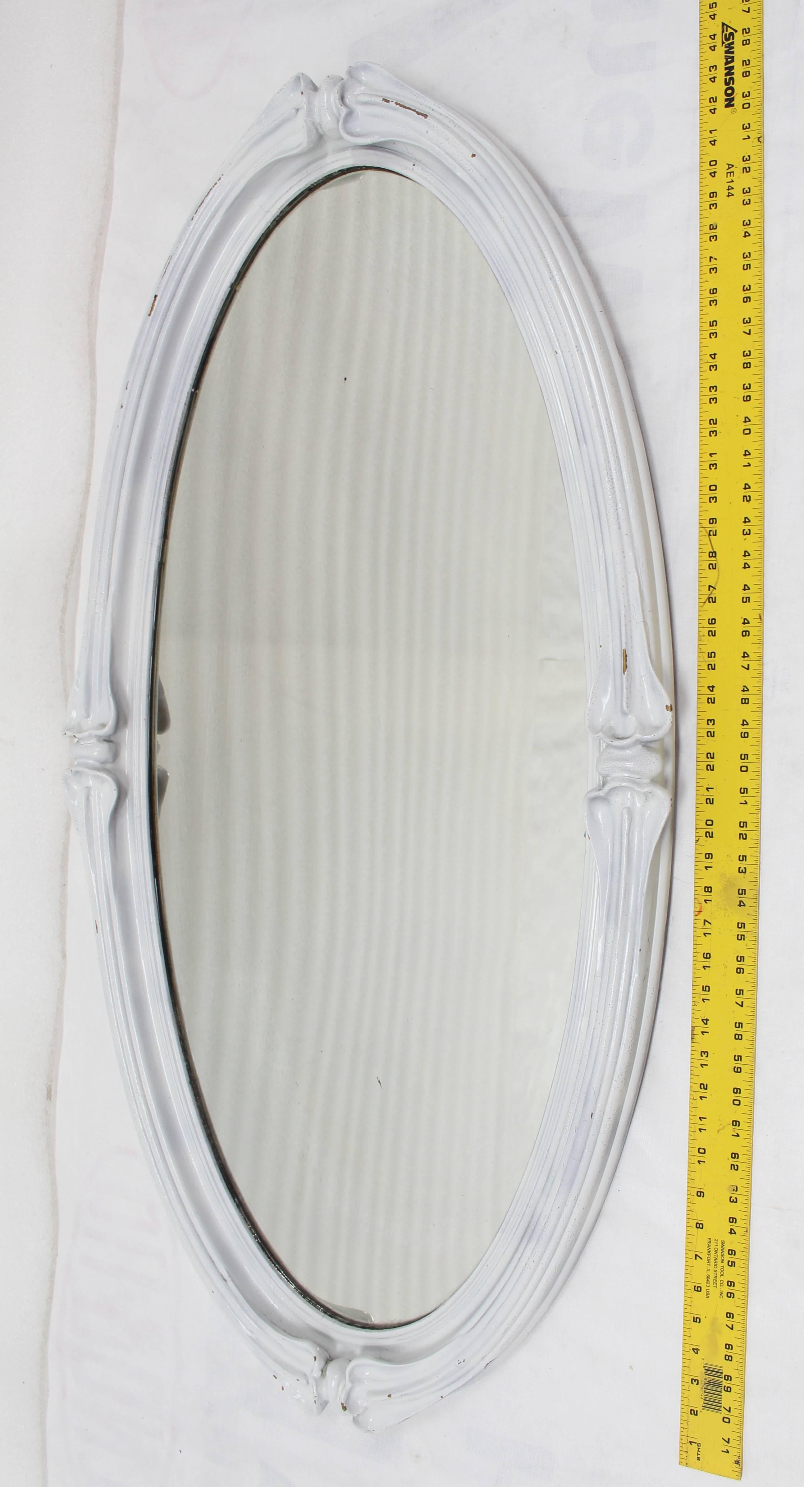 American Art Nouveau Oval Carved Wood Mirror Painted White For Sale