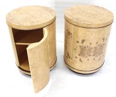 Pair of Cylinder Drum Shape End Tables Nightstands Burl Wood
