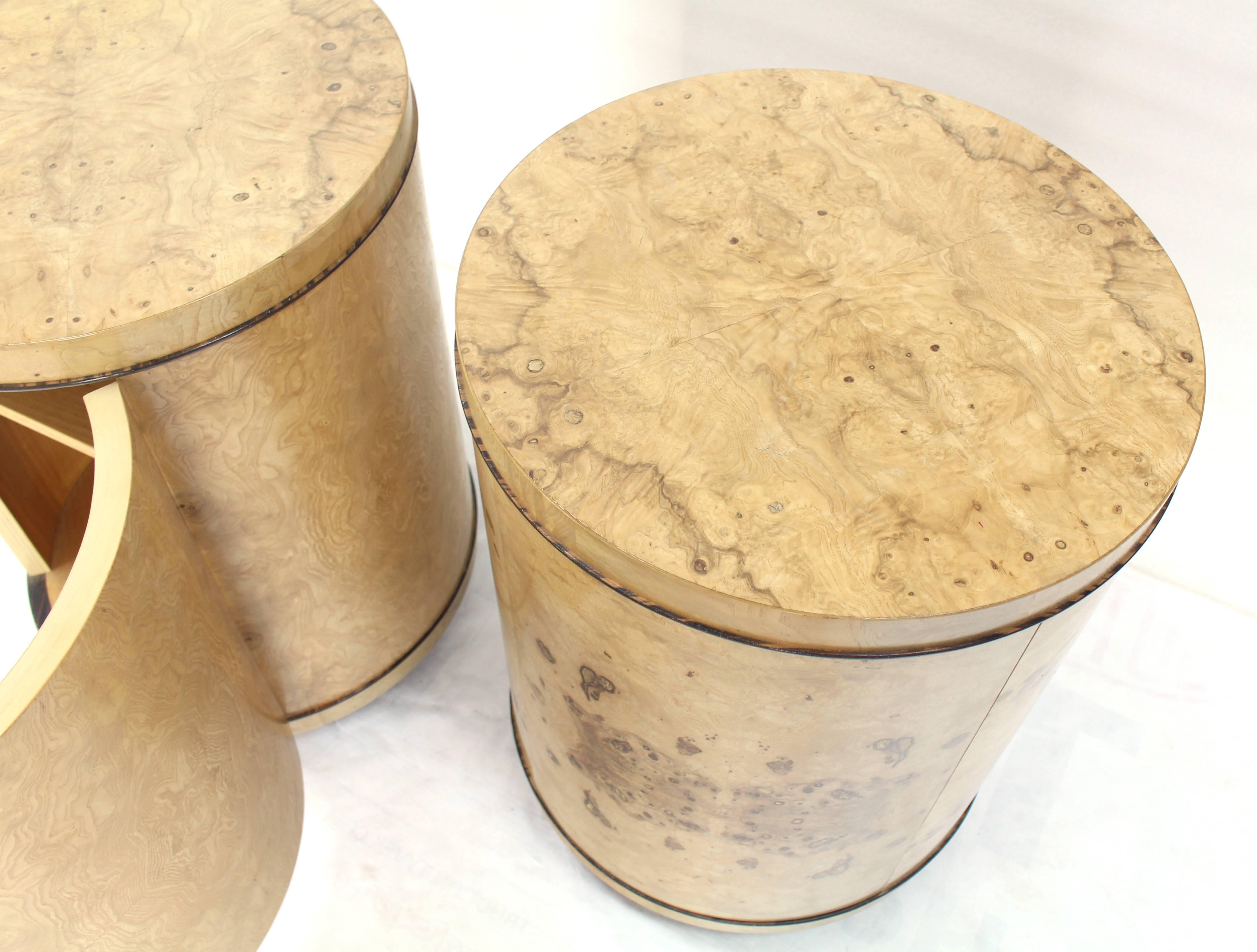 American Pair of Cylinder Drum Shape End Tables Nightstands Burl Wood