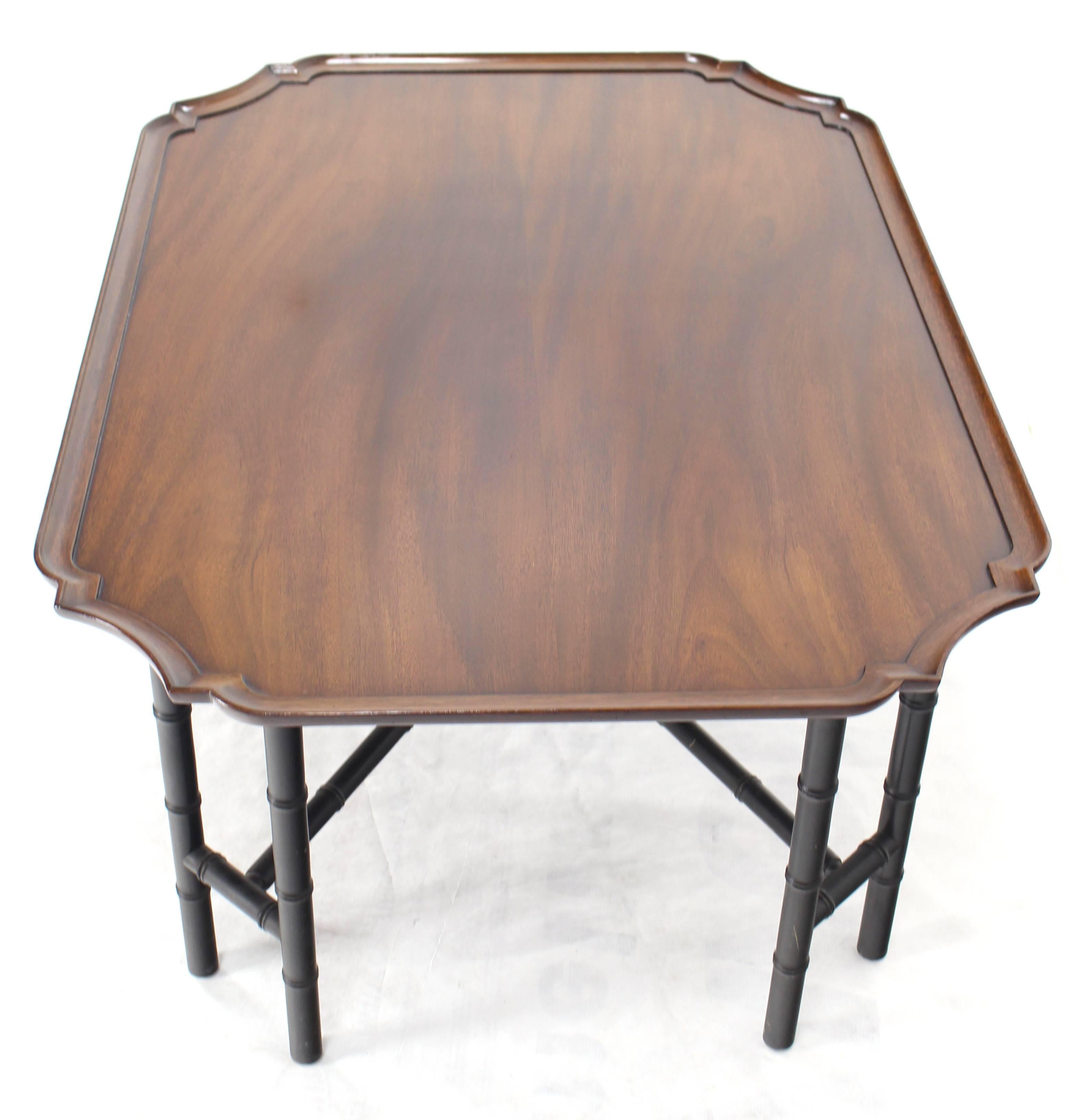 Kittinger faux bamboo ebonized legs mahogany tray top rectangular coffee table.