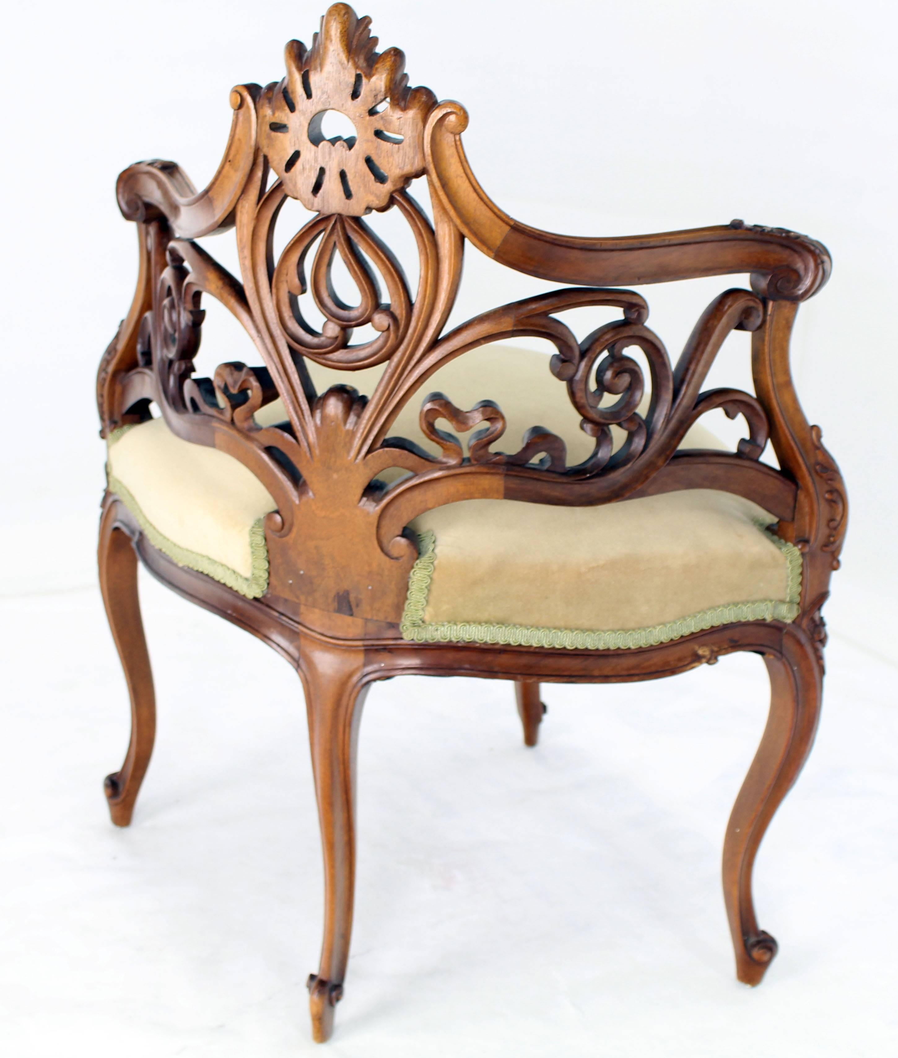 Upholstery Carved Walnut Art Nouveau French Corner Chair For Sale
