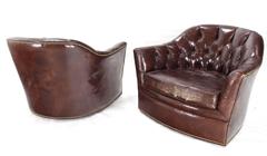 Pair of Brown Shiny Leather Swivel Chairs Tufted Chesterfield Backs Nice Wear