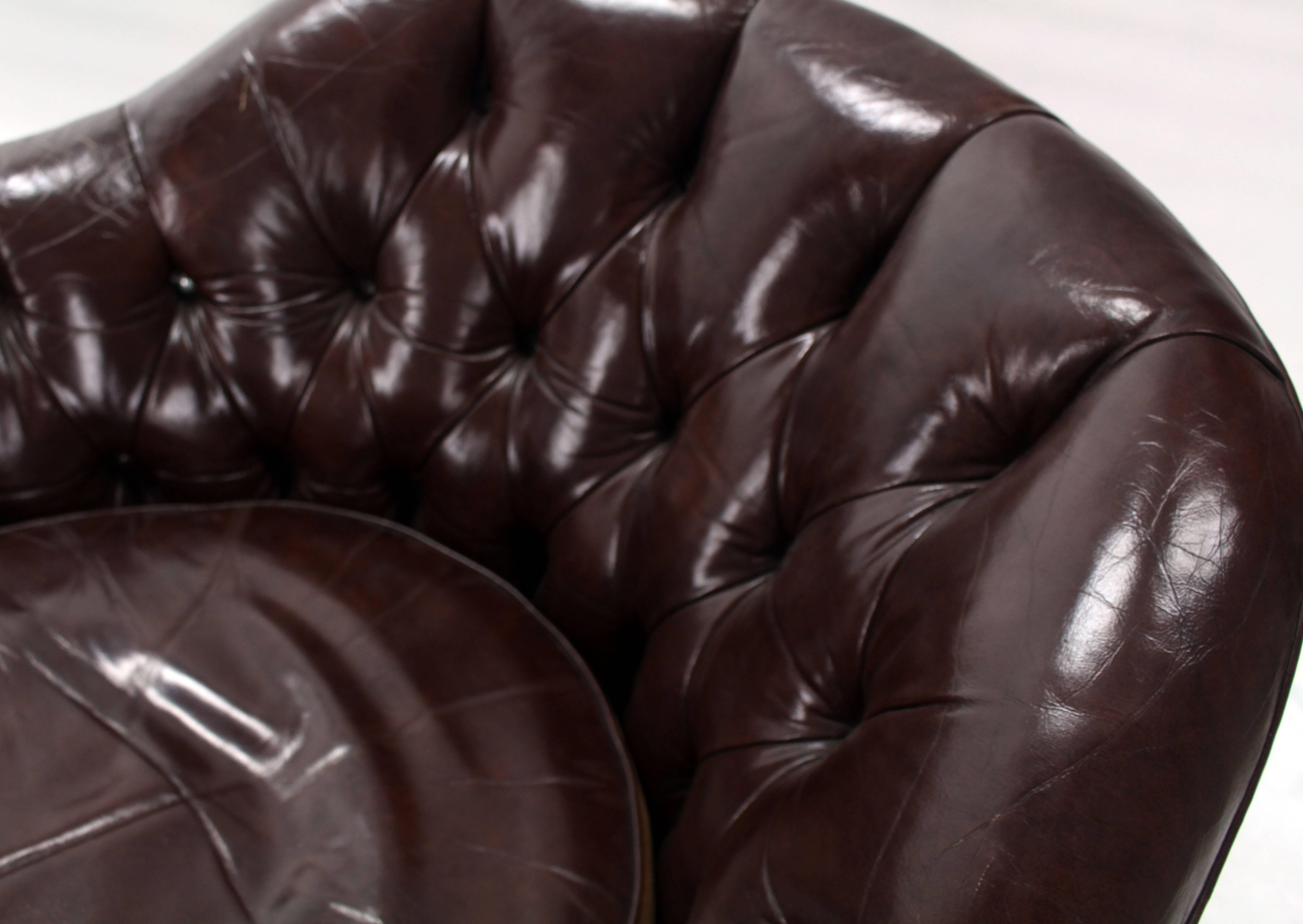 Mid-Century Modern Pair of Brown Shiny Leather Swivel Chairs Tufted Chesterfield Backs Nice Wear
