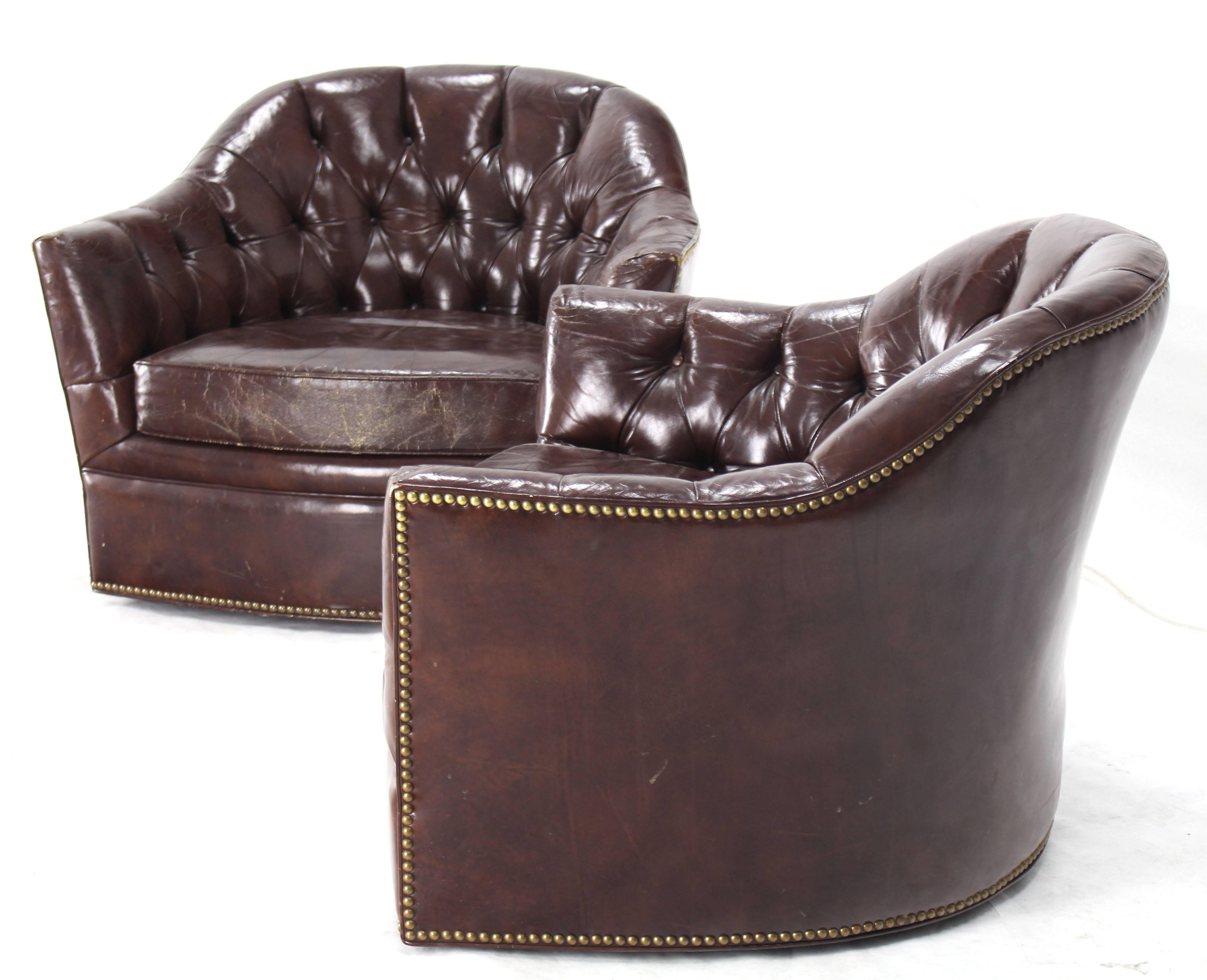American Pair of Brown Shiny Leather Swivel Chairs Tufted Chesterfield Backs Nice Wear
