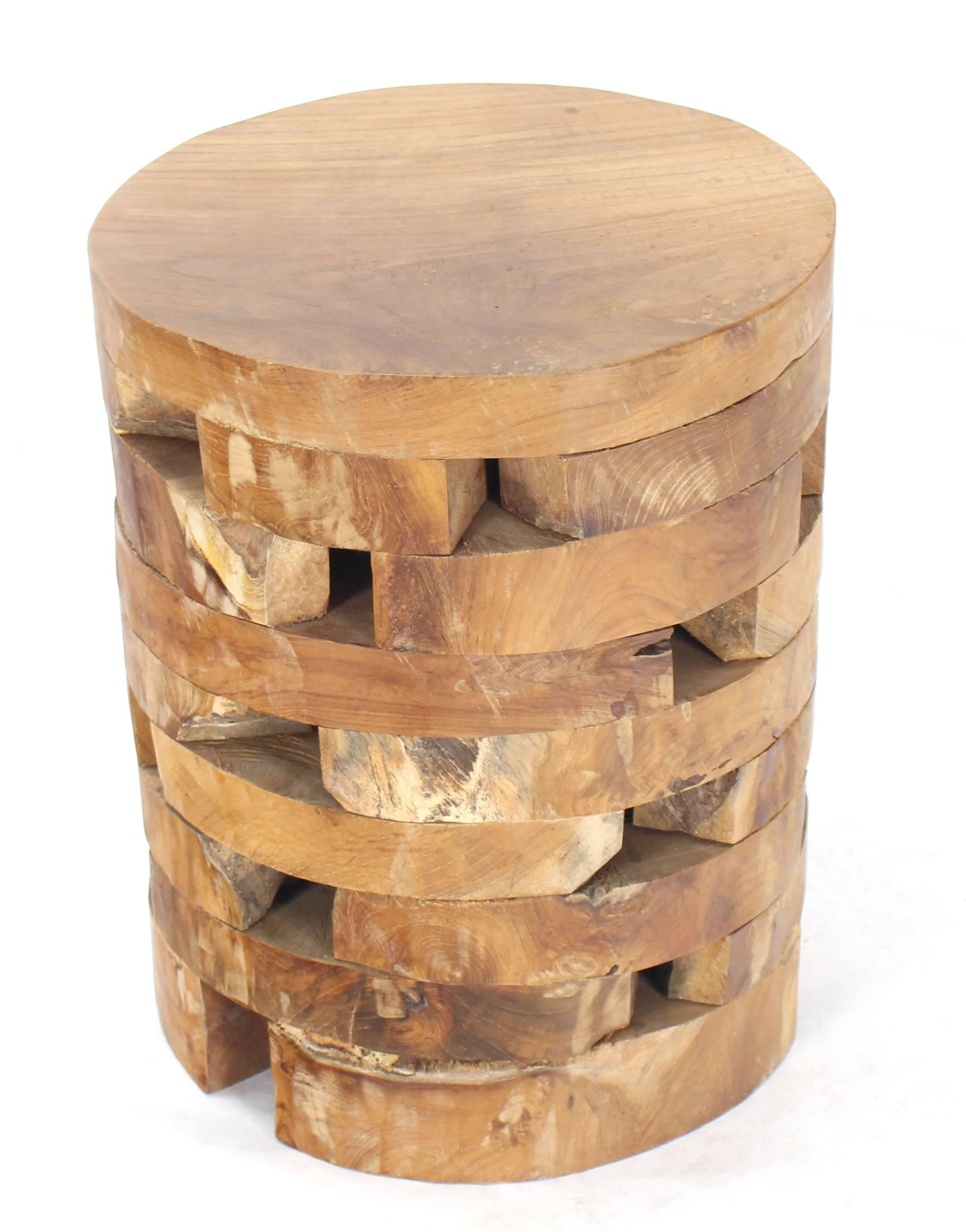 Stacked teak wood blocks side table bench stool or pedestal. This is a nice heavy and very solid piece.