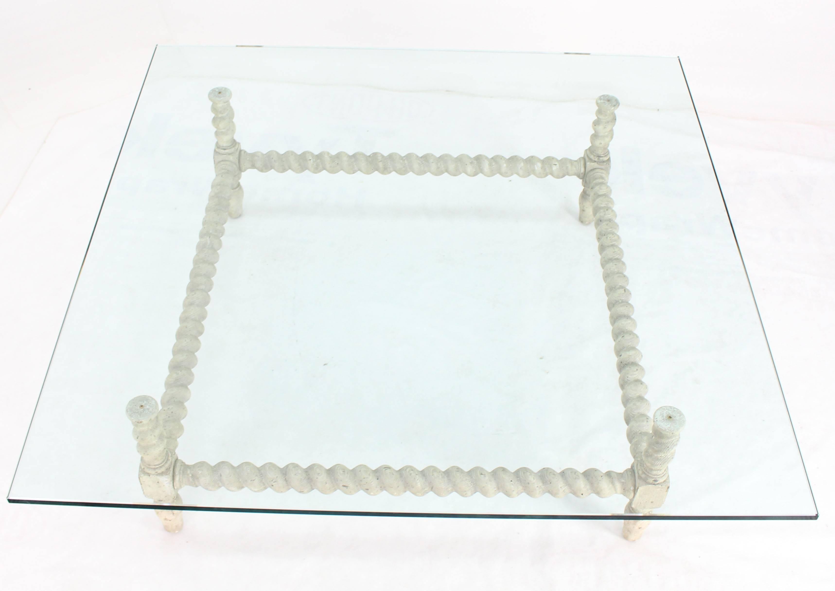 Carved wood in style of twisted rope painted white base measure: 54 x 54 glass top coffee table. 3/4