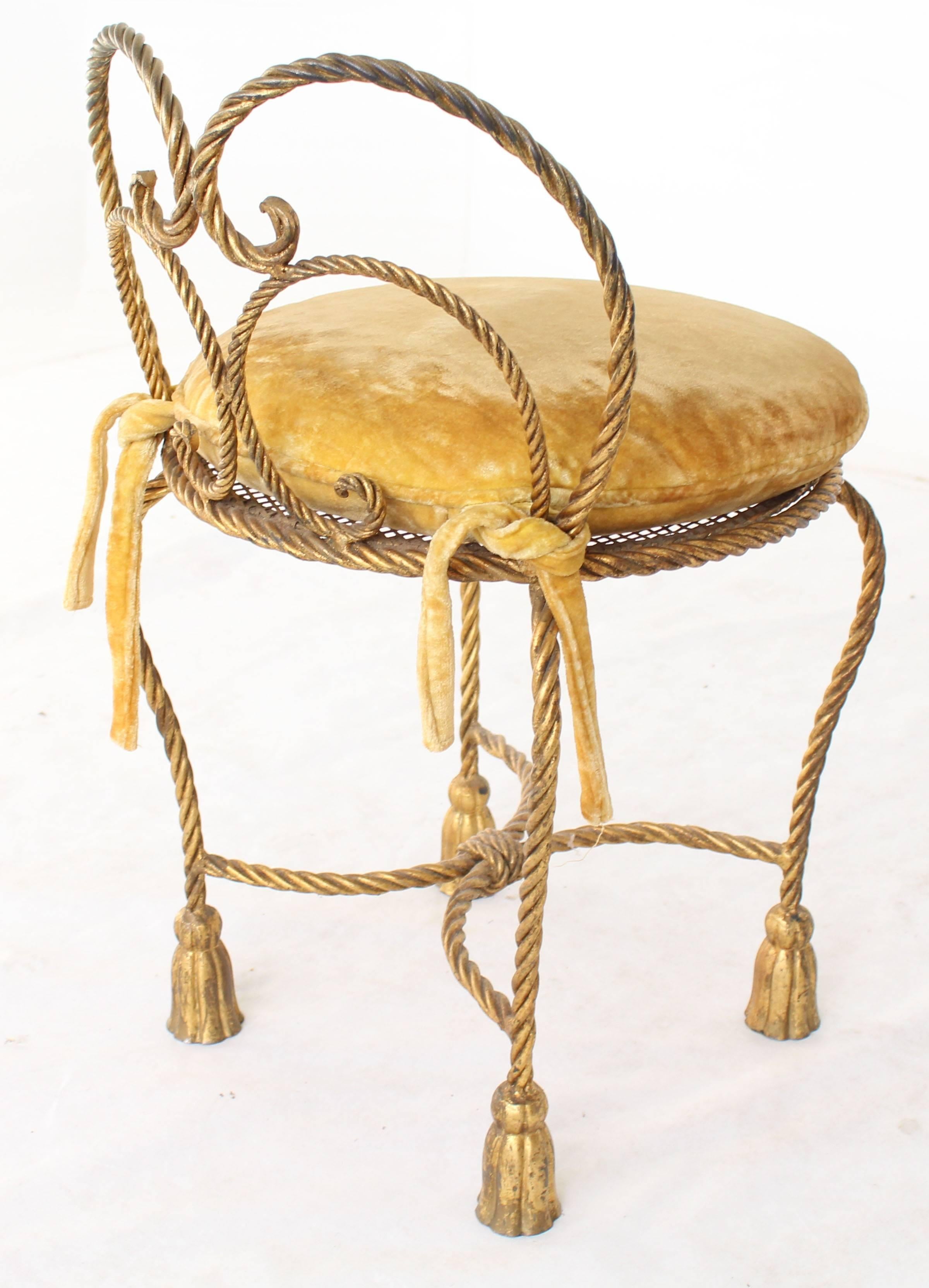 Gold Gilt Iron Rope Tassel Upholstery Vanity Chair Hollywood Regency In Excellent Condition In Rockaway, NJ