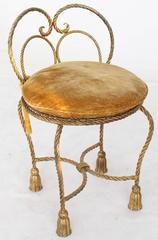 Gold Gilt Iron Rope Tassel Upholstery Vanity Chair Hollywood Regency