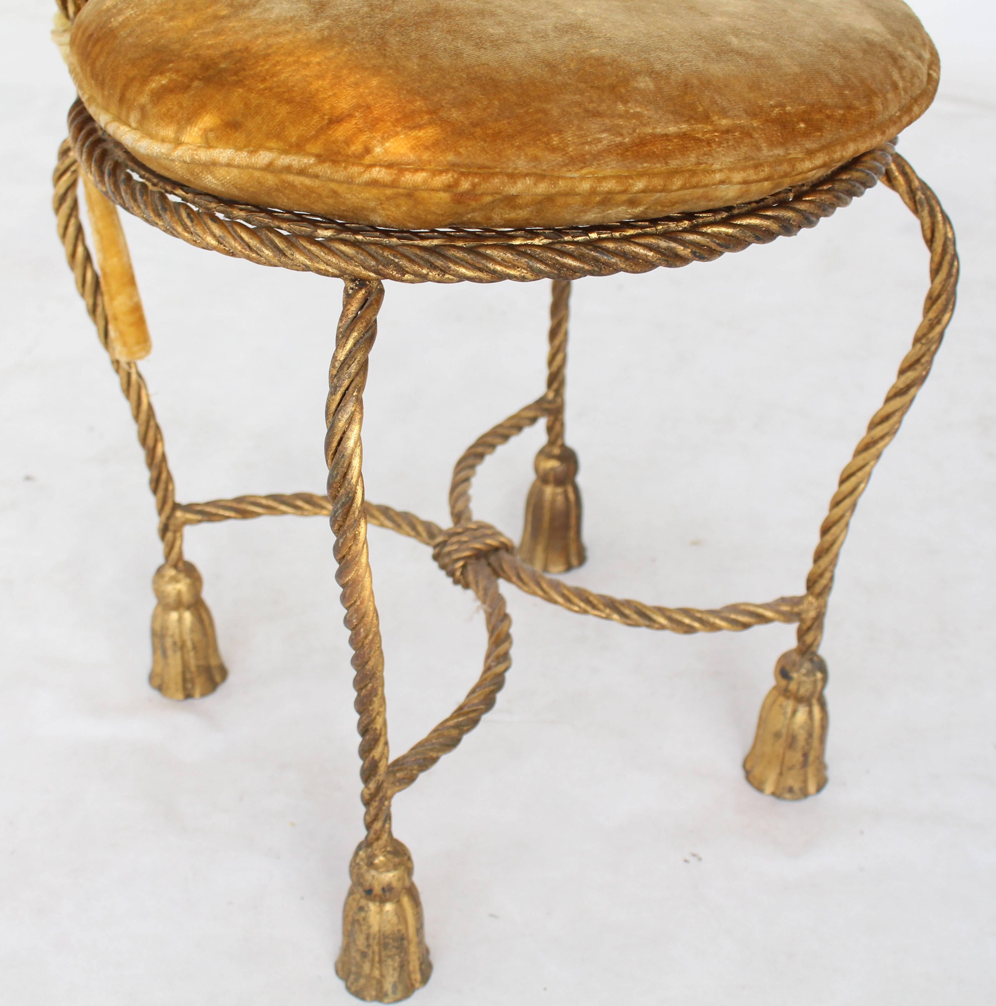 Mid-Century Modern Gold Gilt Iron Rope Tassel Upholstery Vanity Chair Hollywood Regency