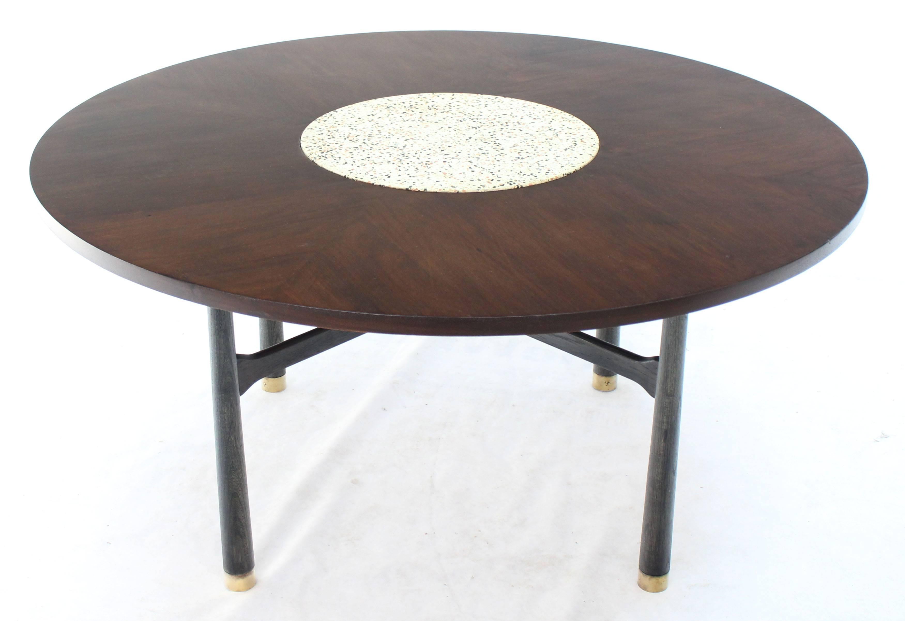 Mid-Century Modern Harvey Probber round walnut game or center table with travertine insert.